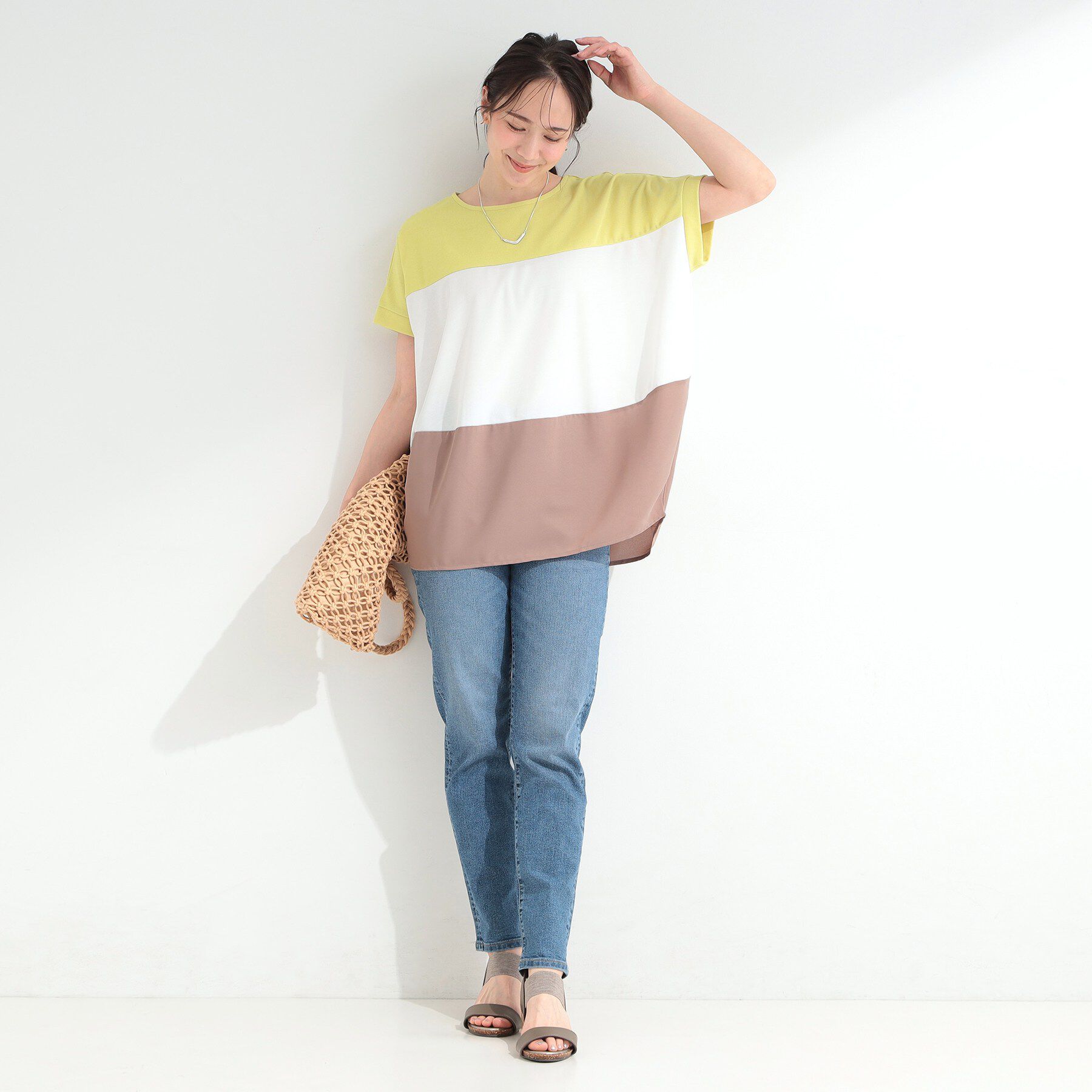 SHOO･LA･RUE「【S-LL/洗濯機可/体型カバー】インせず着られる 異素材ブロッキング ドルマンＴシャツ」|Tシャツ・カットソー|