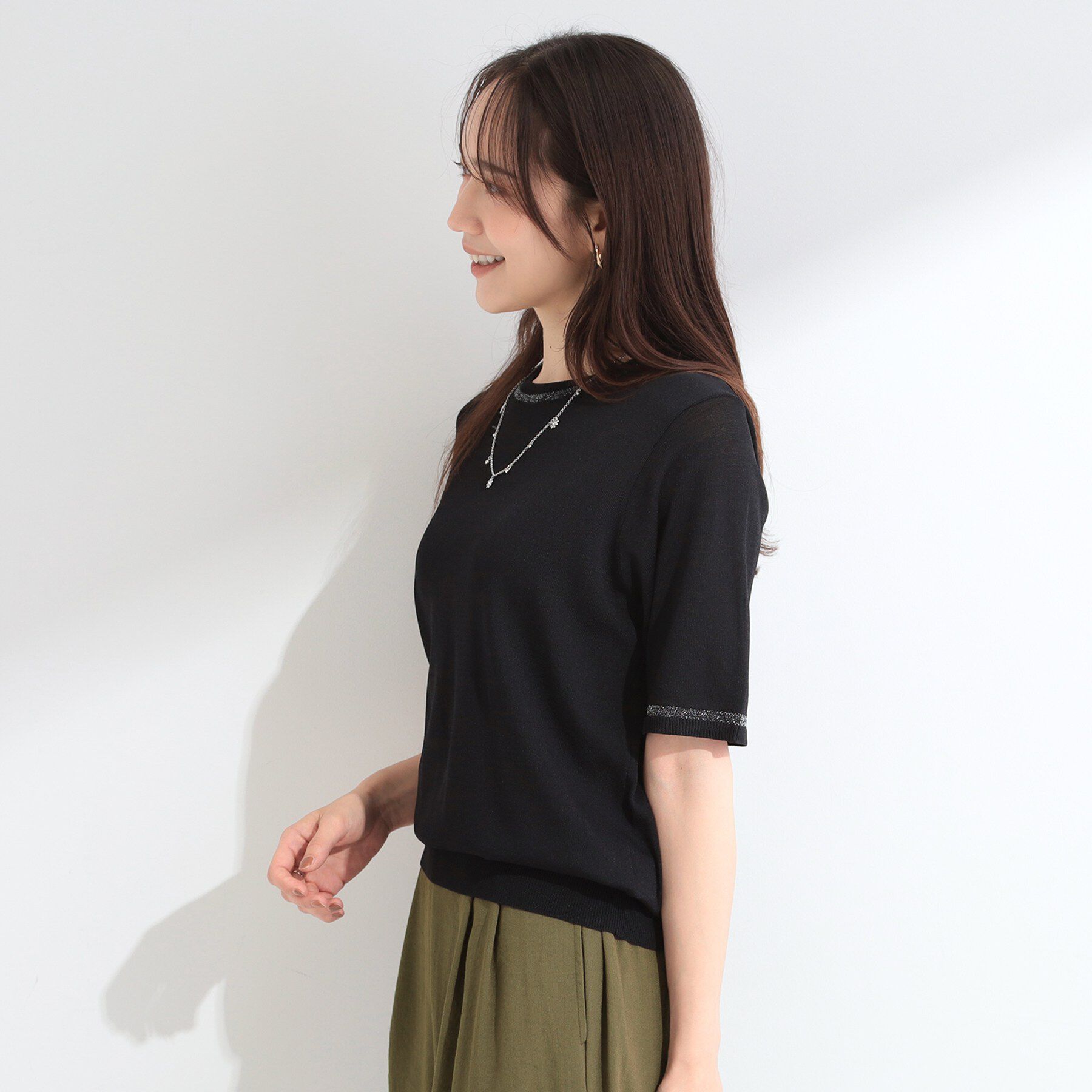 SHOO･LA･RUE「【洗濯機可/S-LL】キラッと華やか ラメライン五分袖ニット」|ニット・セーター|