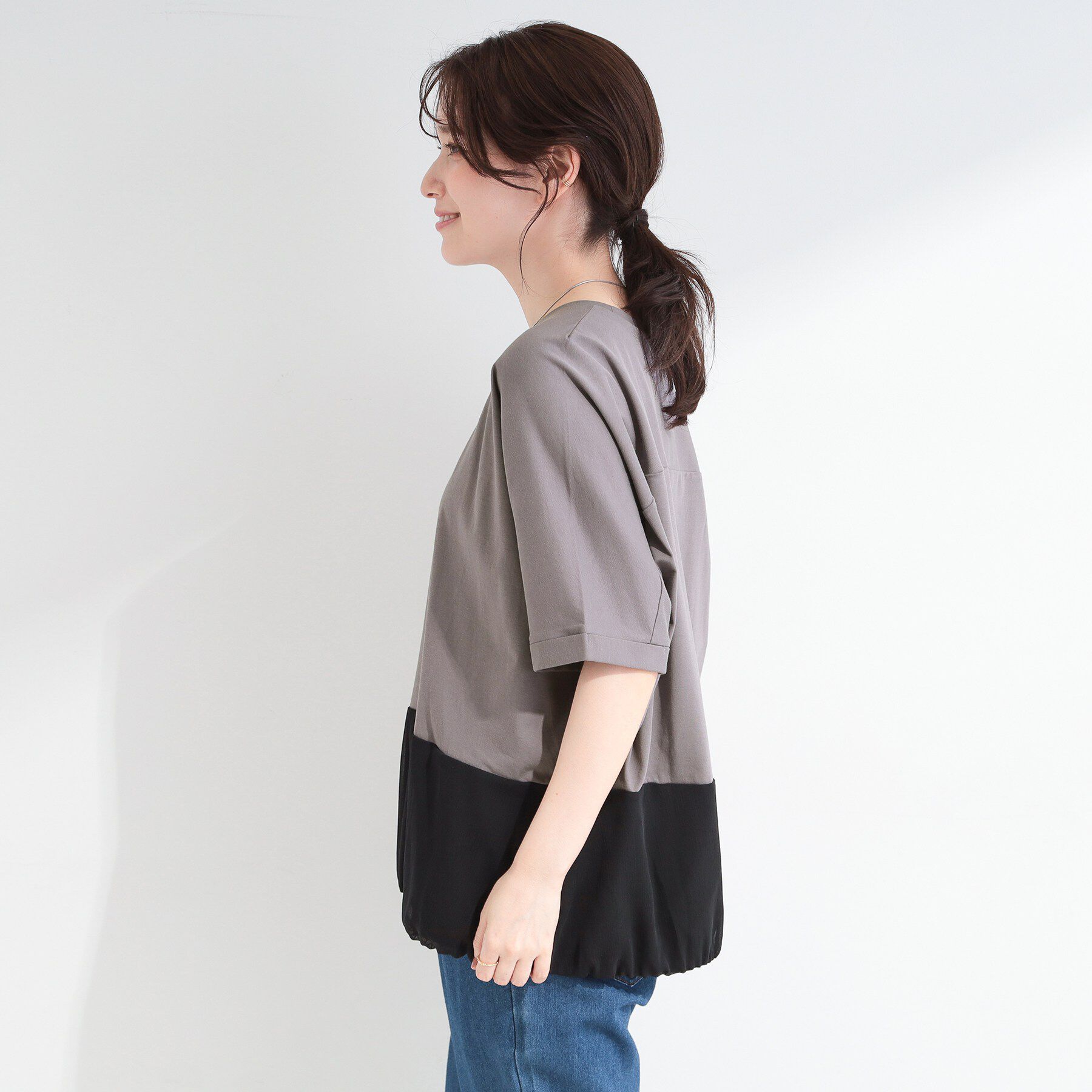 SHOO･LA･RUE「【洗濯機可/体型カバー】インせず着られる 裾配色 ゆったりバルーントップス」|Tシャツ・カットソー|