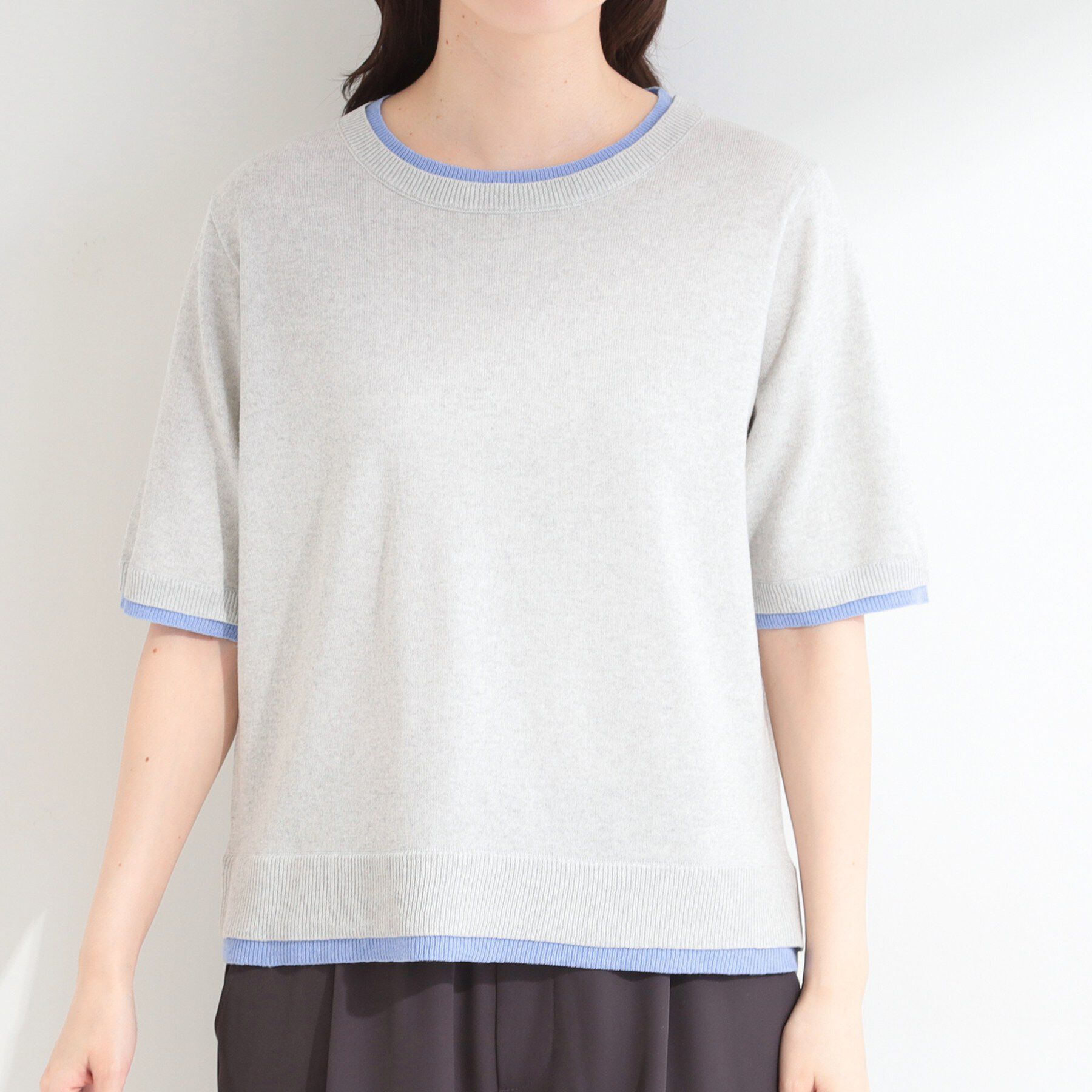 SHOO･LA･RUE「【二の腕隠れる/コットン混】配色使いで差がつく 洗える五分袖ニット」|ニット・セーター|