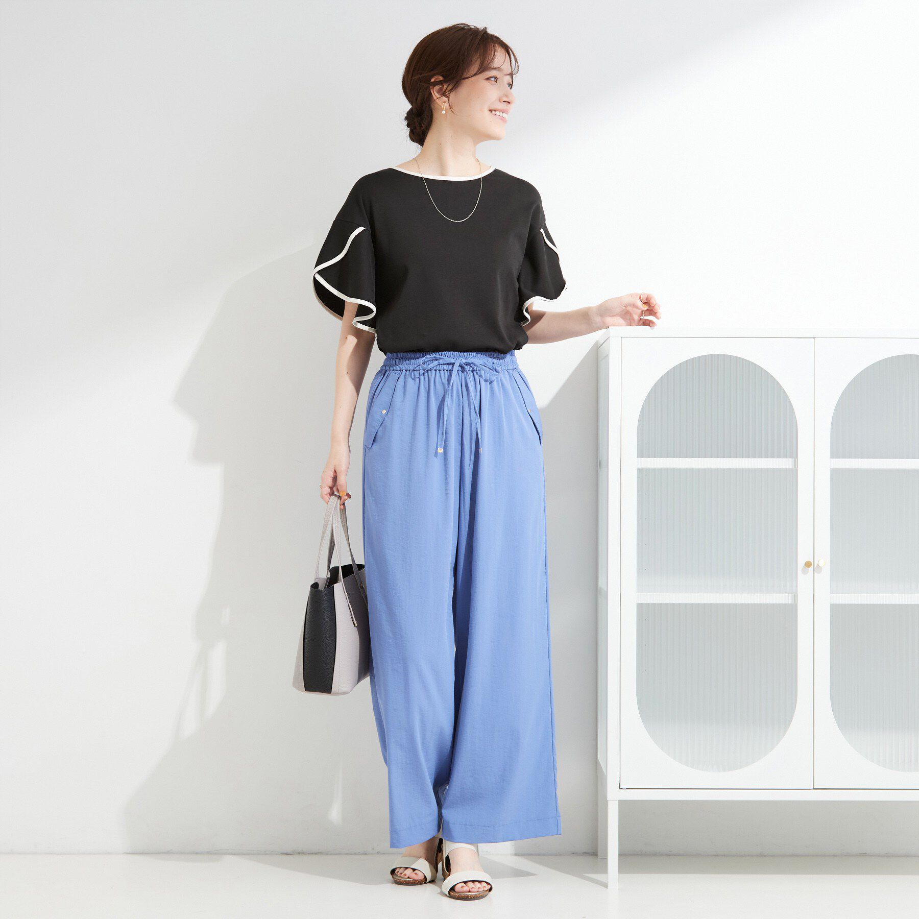 SHOO･LA･RUE「【ひんやり/洗濯機可/S-LL】配色パイピング フレアスリーブトップス」|Tシャツ・カットソー|