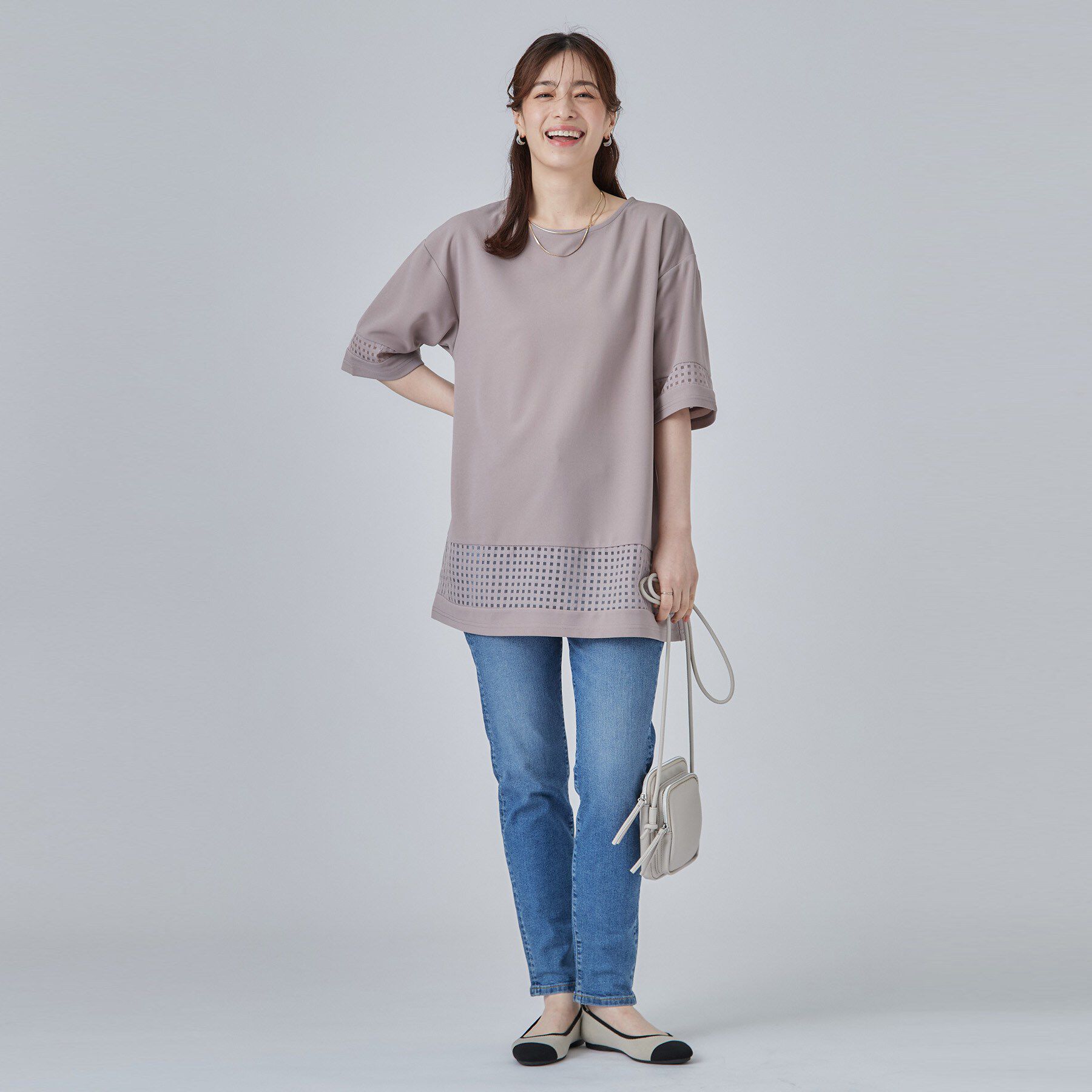 SHOO･LA･RUE「【S-LL】上品に体型カバー 大人のシアーチェックチュニック」|チュニック|
