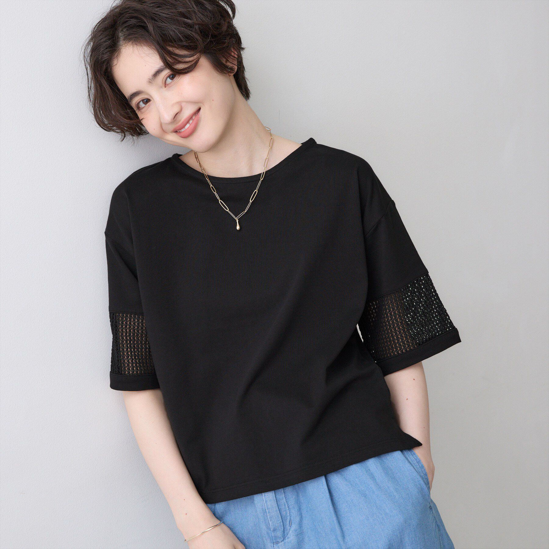 Dessin「【接触冷感】メッシュレーススリーブプルオーバー」|Tシャツ・カットソー|ブラック(019)