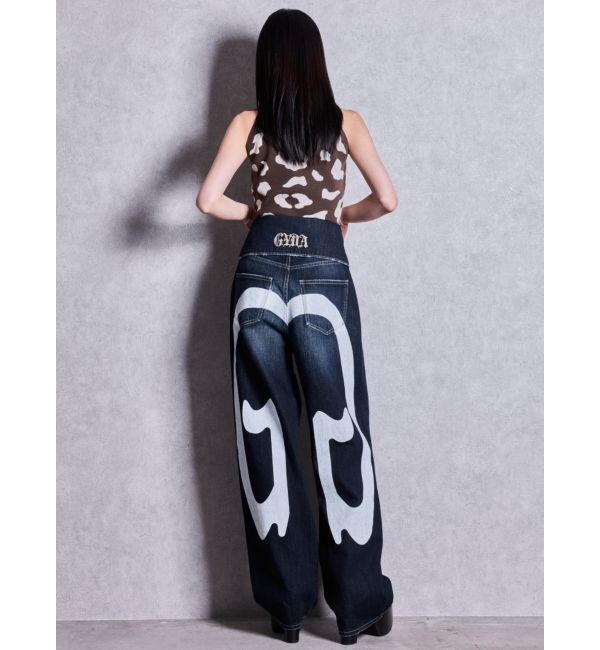 GYDA「ハイウエストTurn Down G Printワイドデニムパンツ」|デニム|