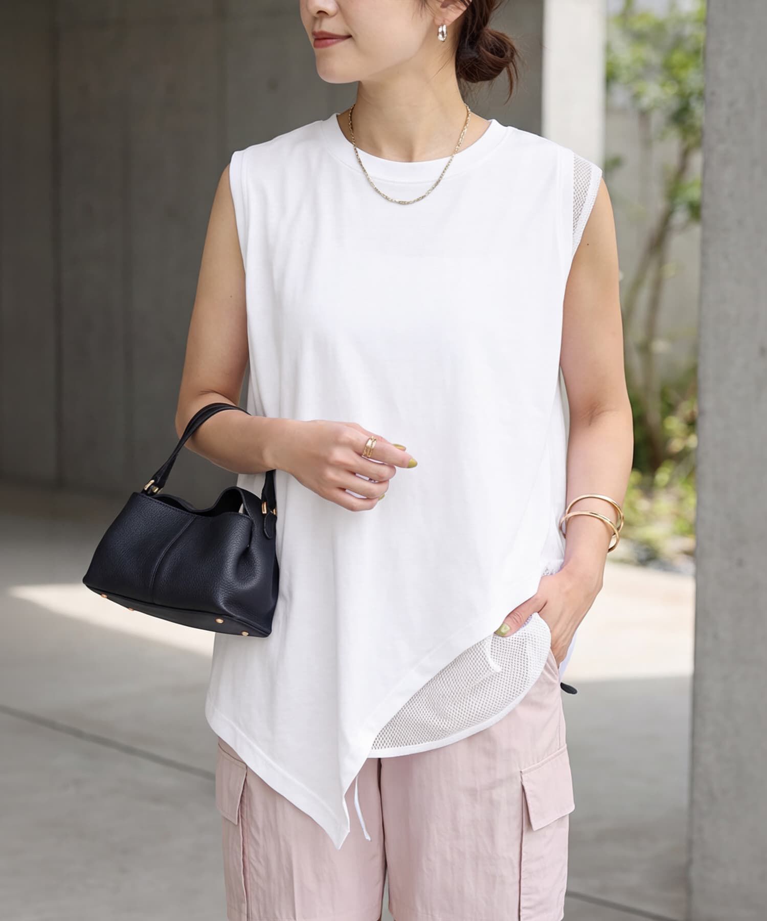 STYLE DELI「【selection】裾メッシュレイヤードノースリカットtops」|タンクトップ|ホワイト