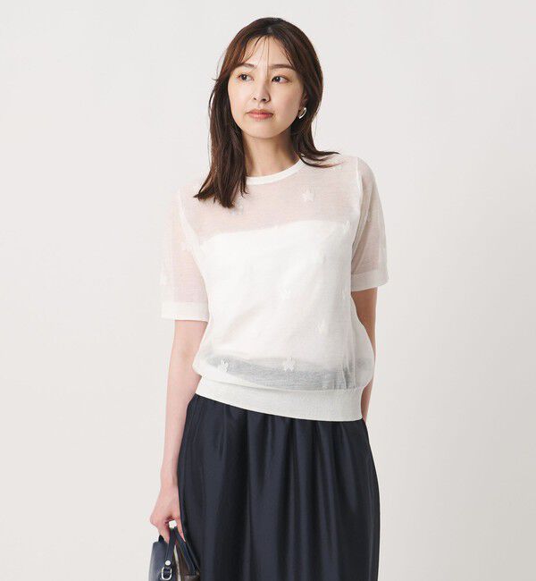 UNITED ARROWS「シアー フラワー ショートスリーブ ニット ‐ウォッシャブル‐」|ニット・セーター|OFF WHITE