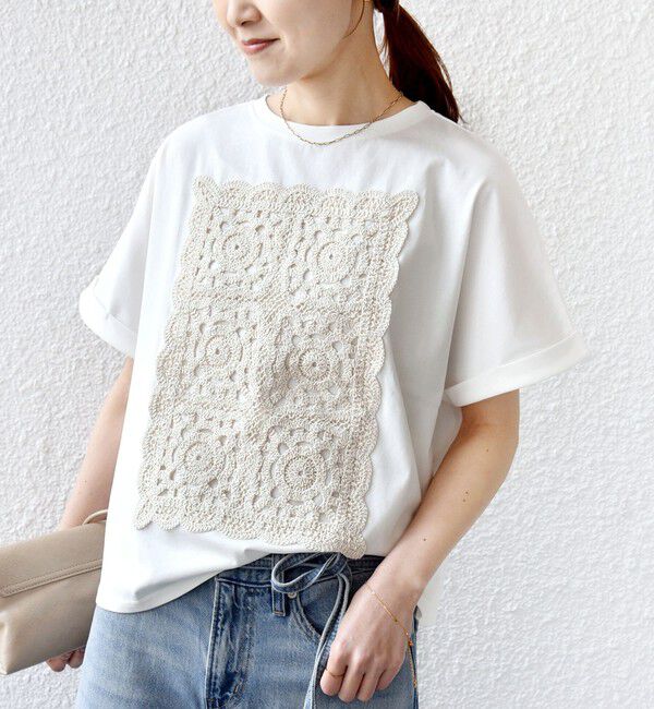 SHIPS for women「【WEB限定】〈汗染み防止/手洗い可能〉クロシェ レース ドッキング ショート スリーブ TEE」|Tシャツ・カットソー|ホワイト