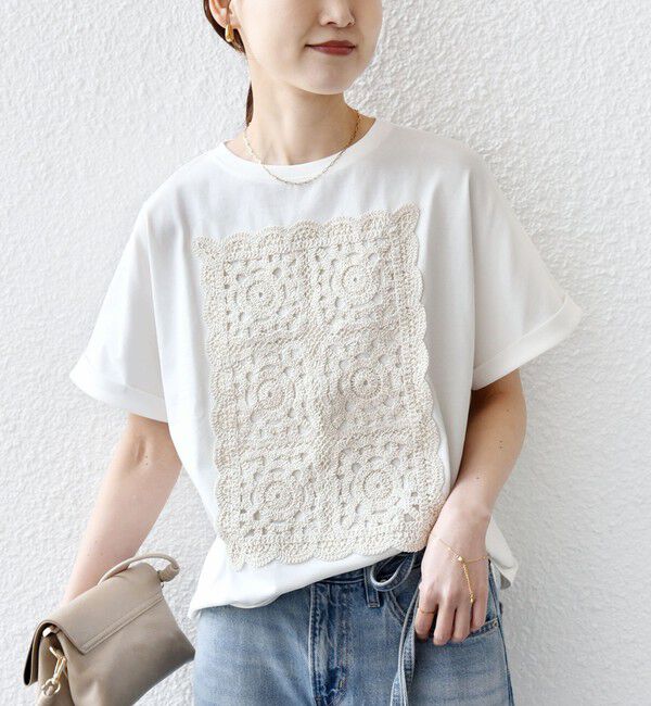 SHIPS for women「【WEB限定】〈汗染み防止/手洗い可能〉クロシェ レース ドッキング ショート スリーブ TEE」|Tシャツ・カットソー|