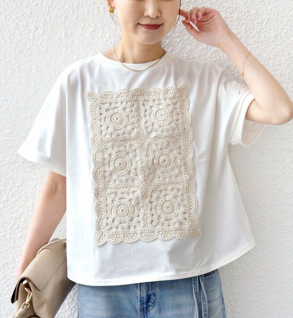 SHIPS for women「【WEB限定】〈汗染み防止/手洗い可能〉クロシェ レース ドッキング ショート スリーブ TEE」|Tシャツ・カットソー|