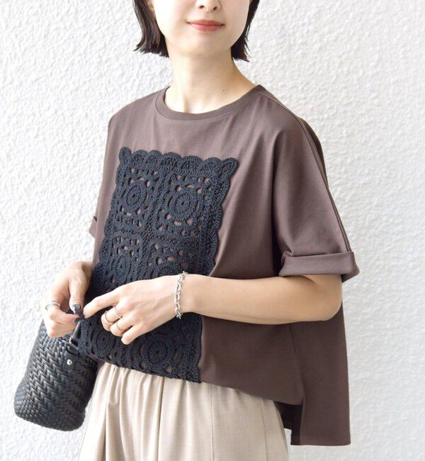 SHIPS for women「【WEB限定】〈汗染み防止/手洗い可能〉クロシェ レース ドッキング ショート スリーブ TEE」|Tシャツ・カットソー|
