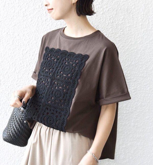 SHIPS for women「【WEB限定】〈汗染み防止/手洗い可能〉クロシェ レース ドッキング ショート スリーブ TEE」|Tシャツ・カットソー|