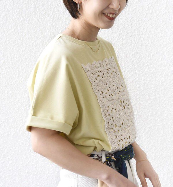 SHIPS for women「【WEB限定】〈汗染み防止/手洗い可能〉クロシェ レース ドッキング ショート スリーブ TEE」|Tシャツ・カットソー|