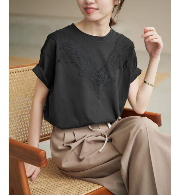 SLOBE IENA「《WEB限定/追加》アイラッシュレースTシャツ」|Tシャツ・カットソー|ブラック