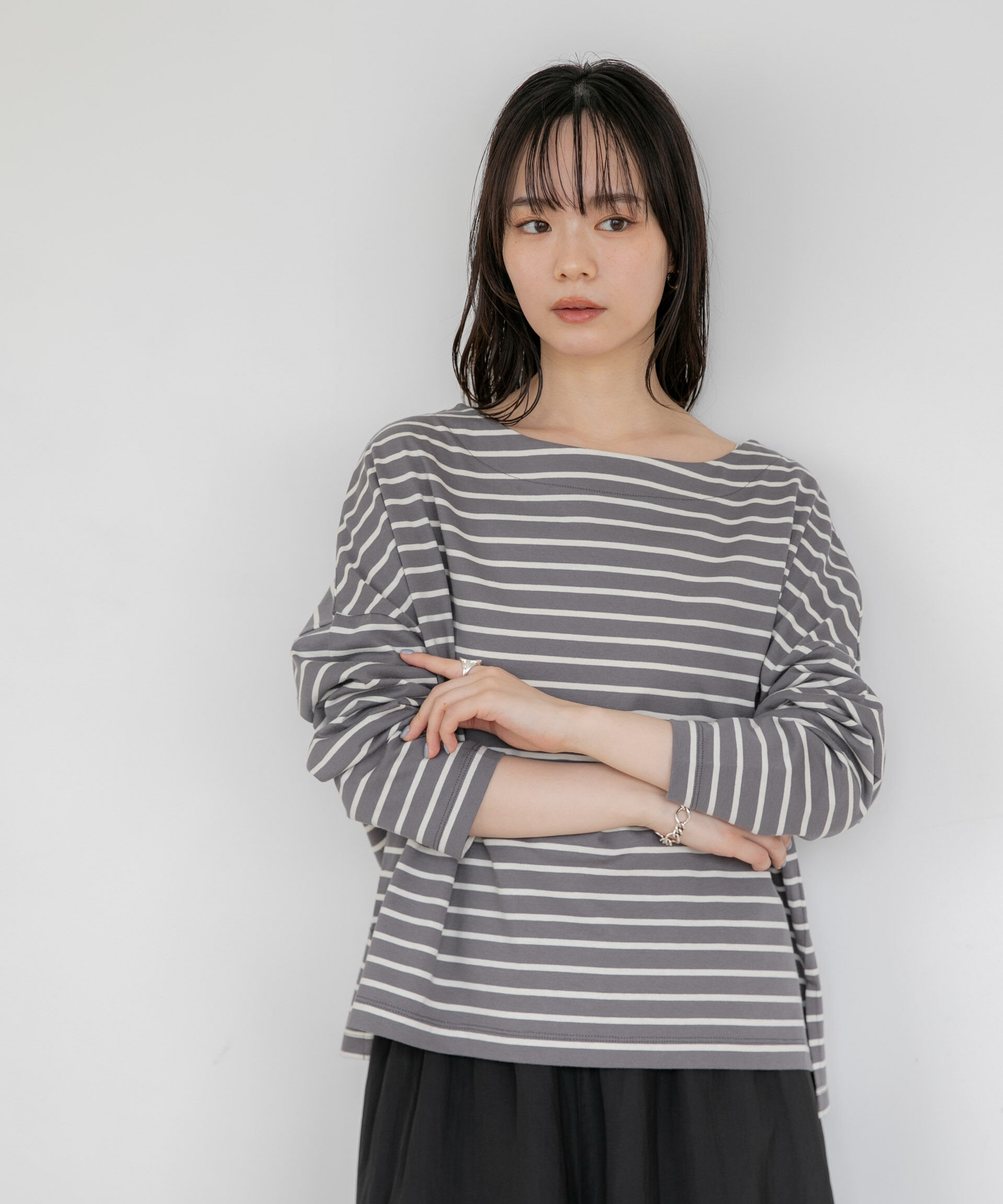 NANO universe「WEB限定/ボーダーワイドドロップトップス」|Tシャツ・カットソー|