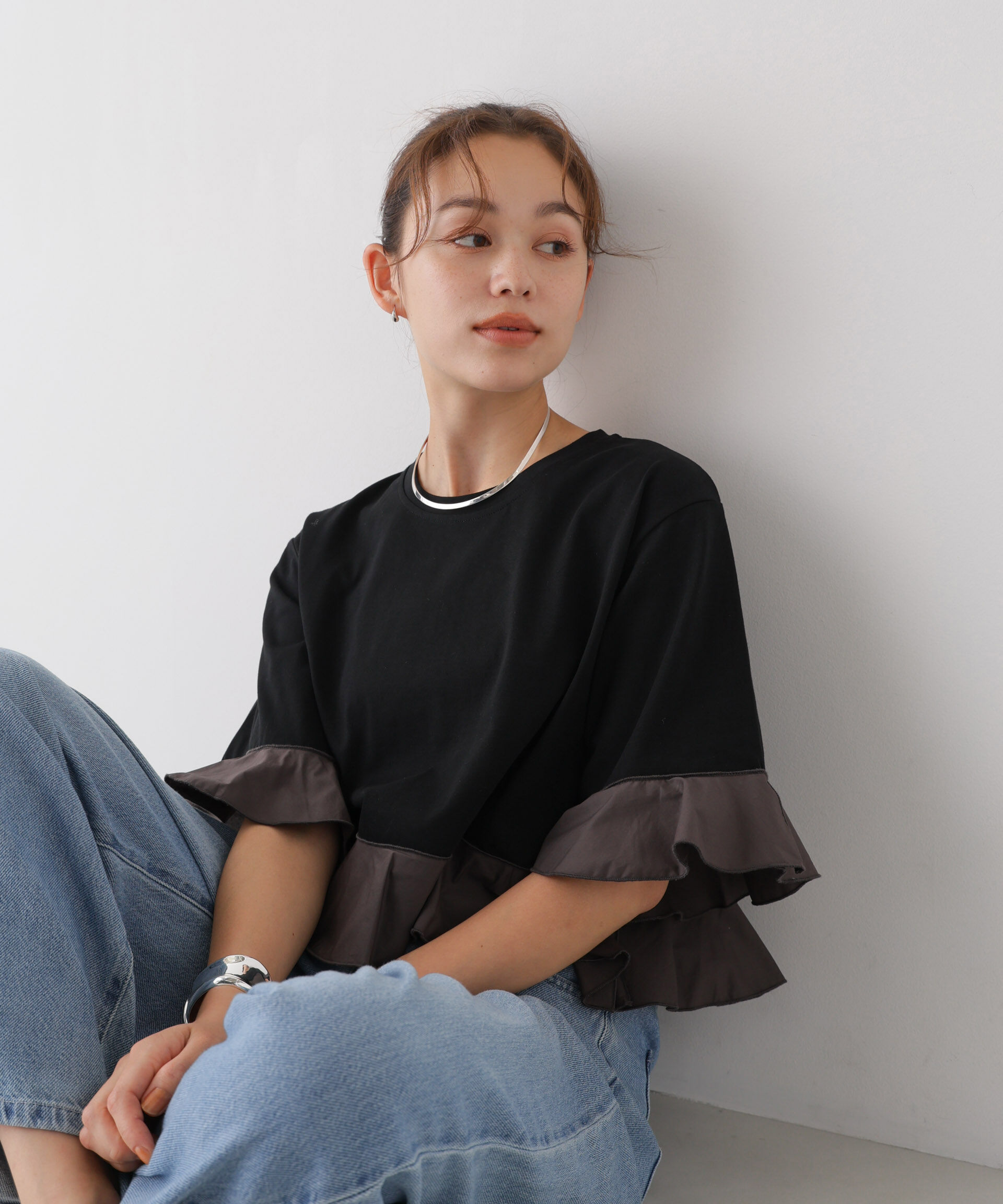 NANO universe「異素材フリルコンビペプラムカットトップス」|Tシャツ・カットソー|