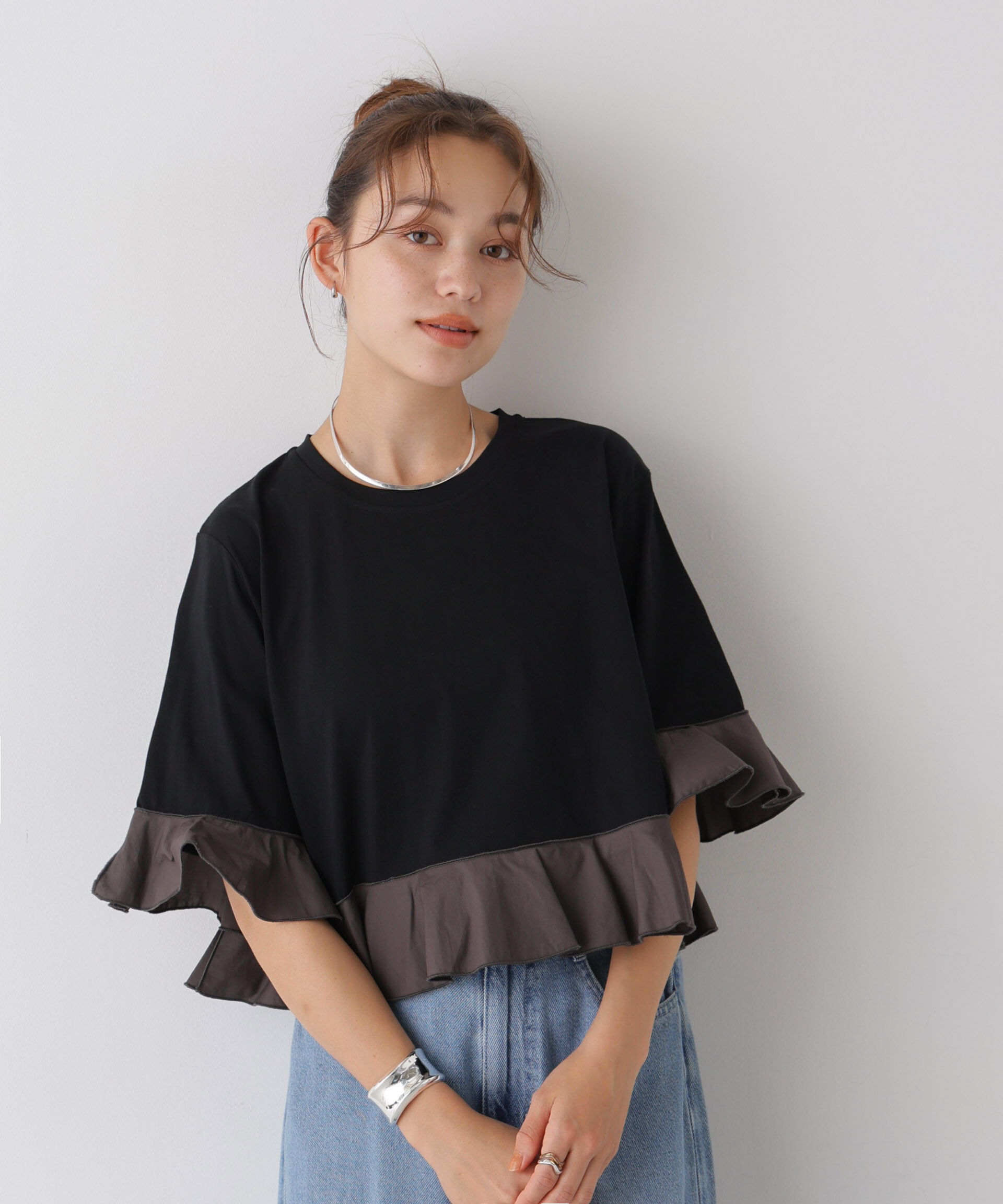 NANO universe「異素材フリルコンビペプラムカットトップス」|Tシャツ・カットソー|