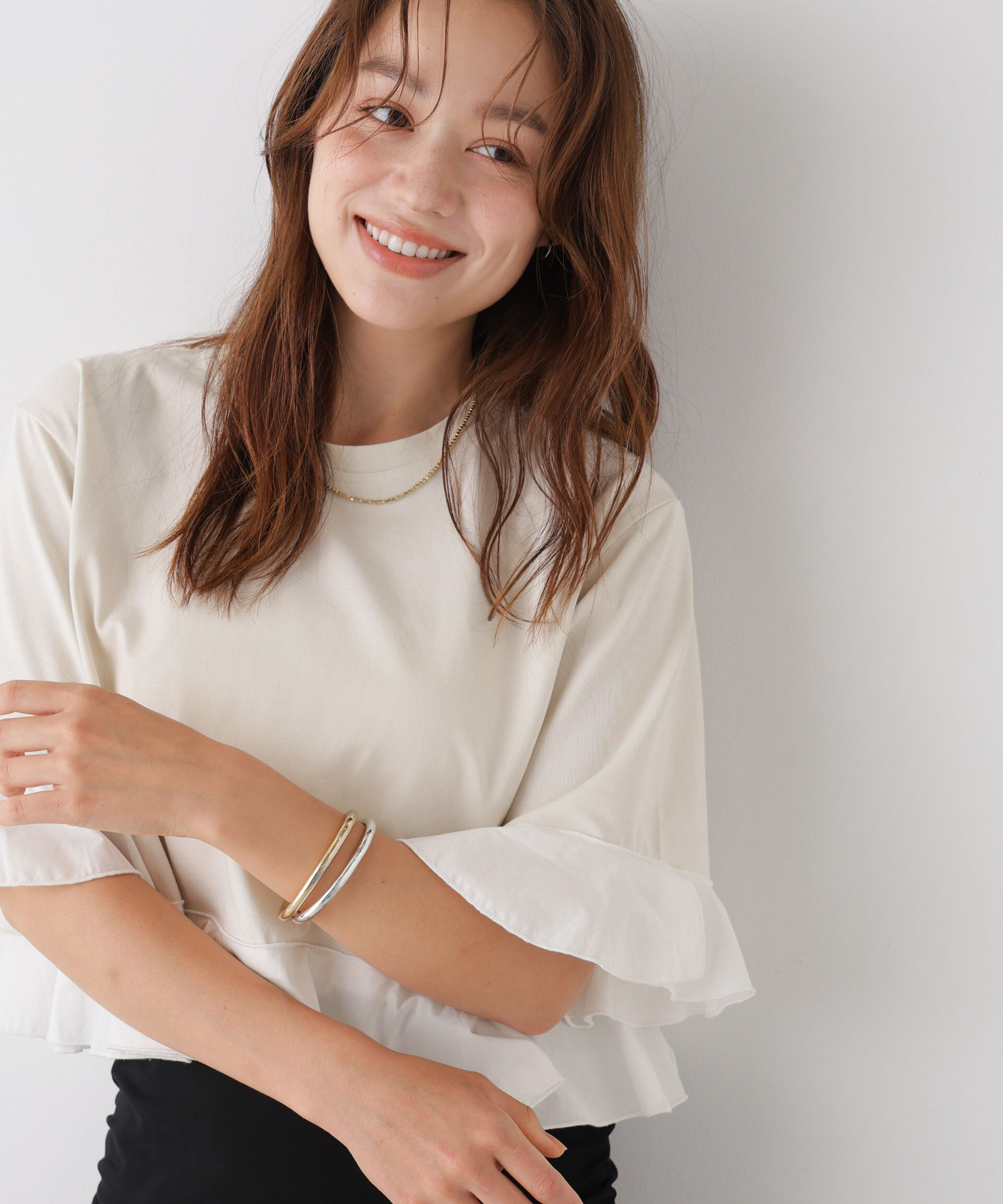 NANO universe「異素材フリルコンビペプラムカットトップス」|Tシャツ・カットソー|ライトベージ 1