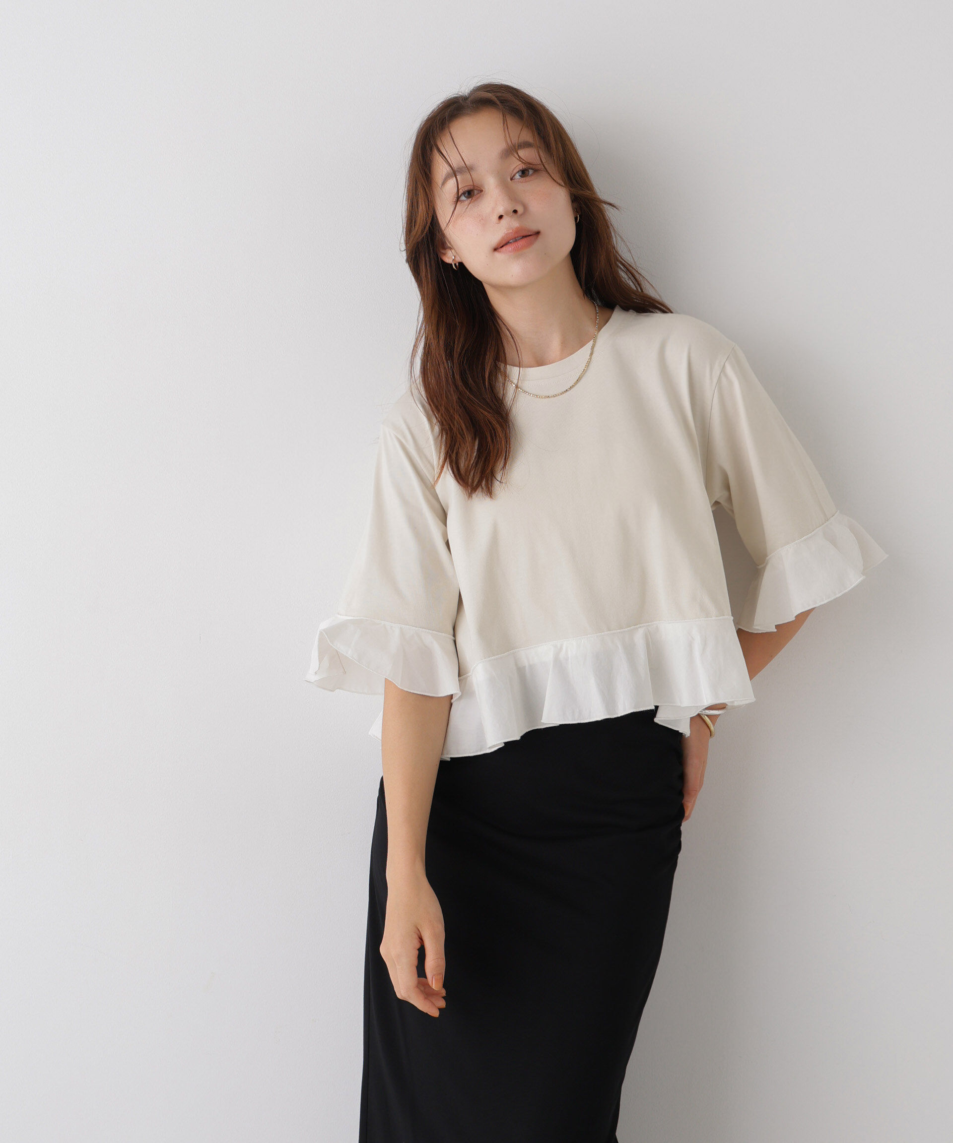 NANO universe「異素材フリルコンビペプラムカットトップス」|Tシャツ・カットソー|