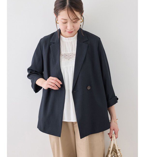 Rope&rsquo;Picnic「【cahoさんコラボ】低身長・小柄さんサイズ エアリーリネンライク ダブルジャケット」|テーラードジャケット|