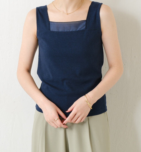  「【万能インナー】 シアー切り替えスクエアタンクトップ」|Tシャツ・カットソー|