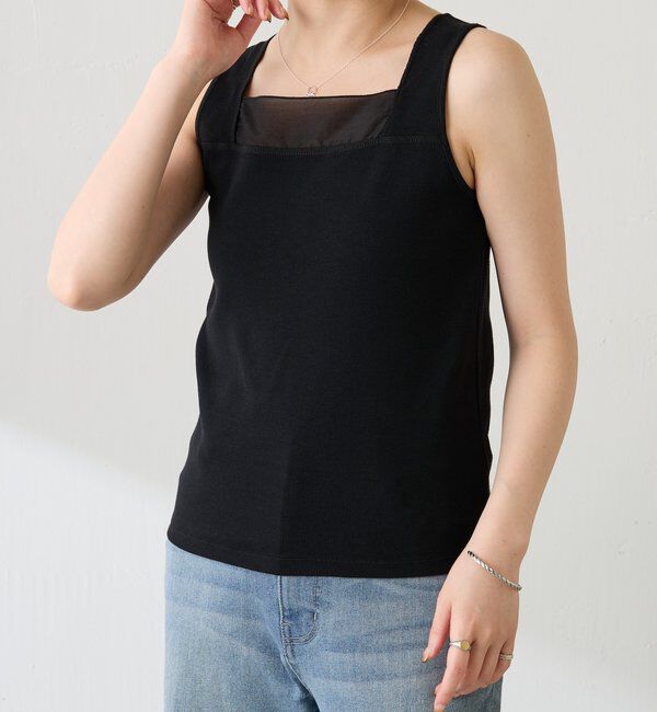  「【万能インナー】 シアー切り替えスクエアタンクトップ」|Tシャツ・カットソー|