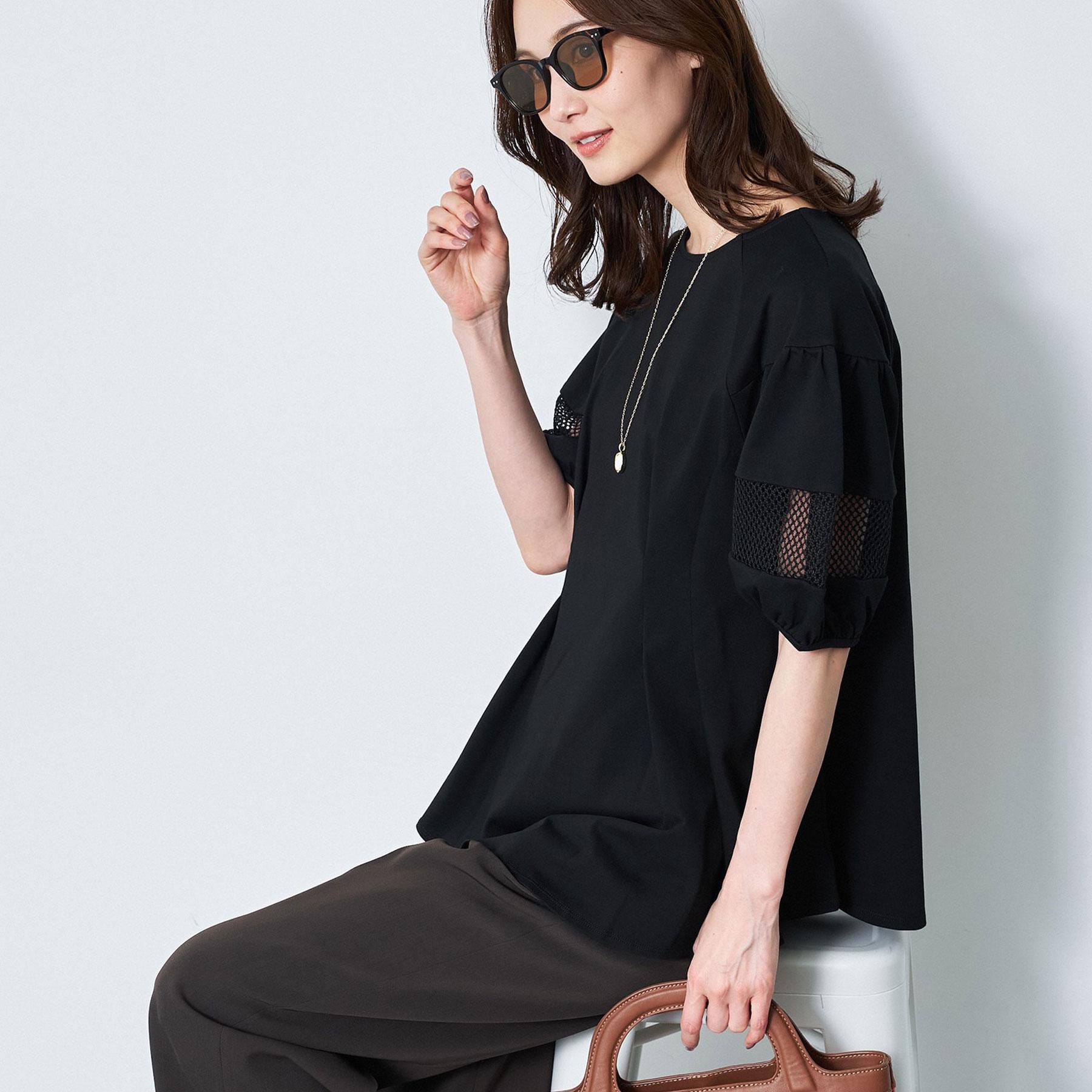 Reflect「メッシュ切り替えスリーブトップス」|Tシャツ・カットソー|ブラック(019)