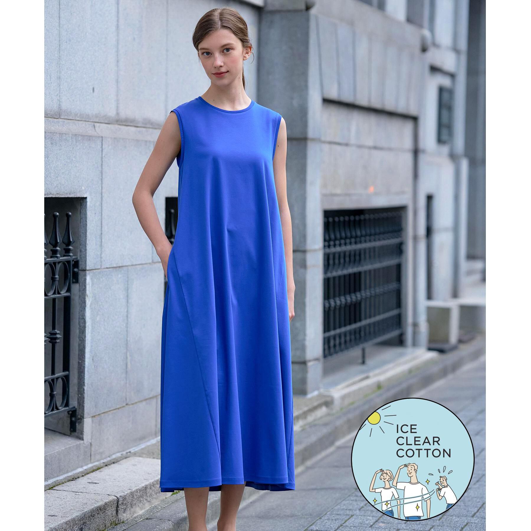 DRESSTERIOR「【接触冷感／抗菌防臭／消臭/ウォッシャブル】アイスクリアコットン フレンチスリーブワンピース」|ワンピース|ブルー(093)