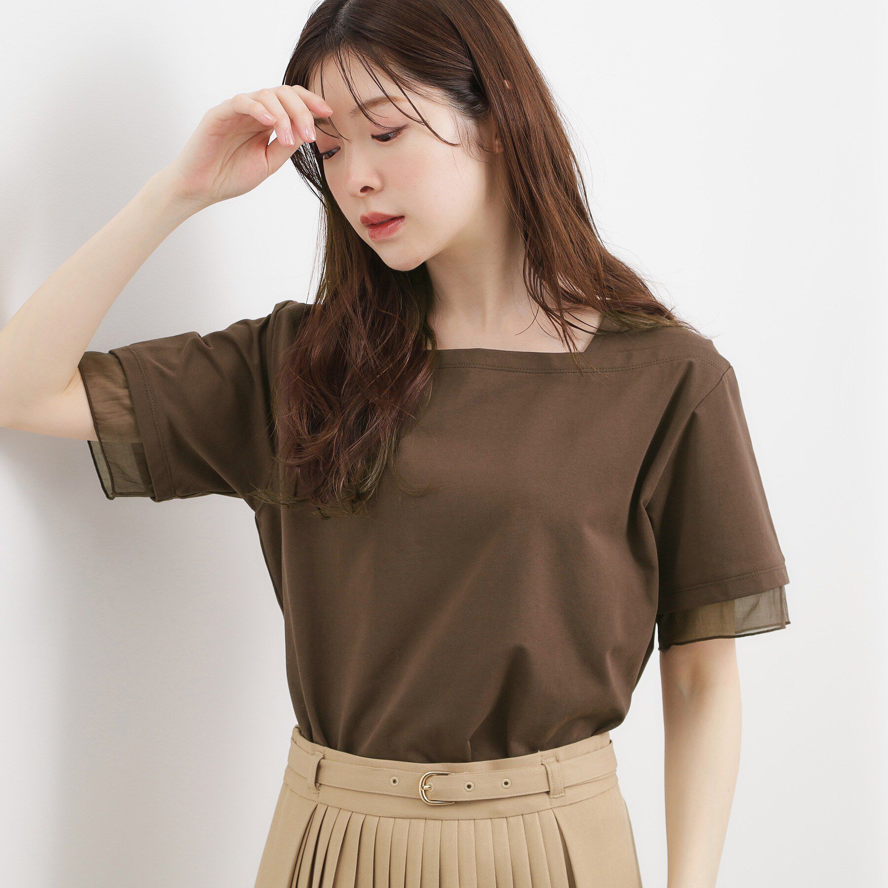 grove「【二の腕カバー/UVカット・ひんやり】袖口シアースクエアネックTシャツ」|Tシャツ・カットソー|