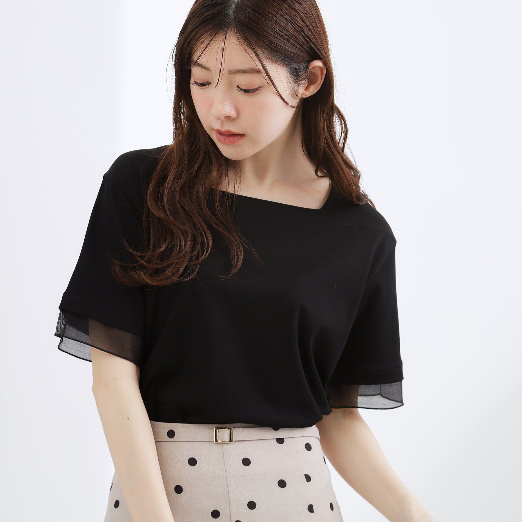 grove「【二の腕カバー/UVカット・ひんやり】袖口シアースクエアネックTシャツ」|Tシャツ・カットソー|