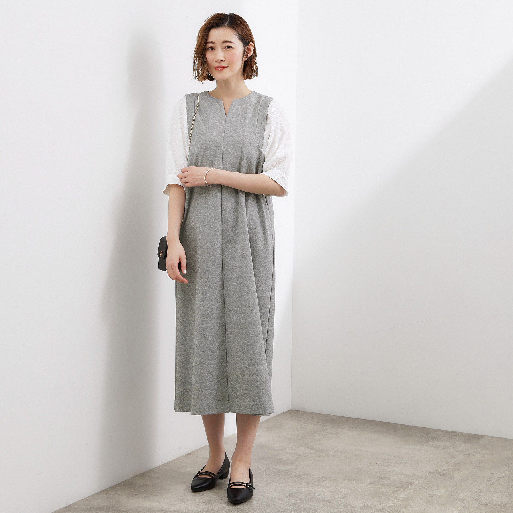 grove「高評価！【体型カバー/洗える】袖布帛ポンチワンピース」|ワンピース|