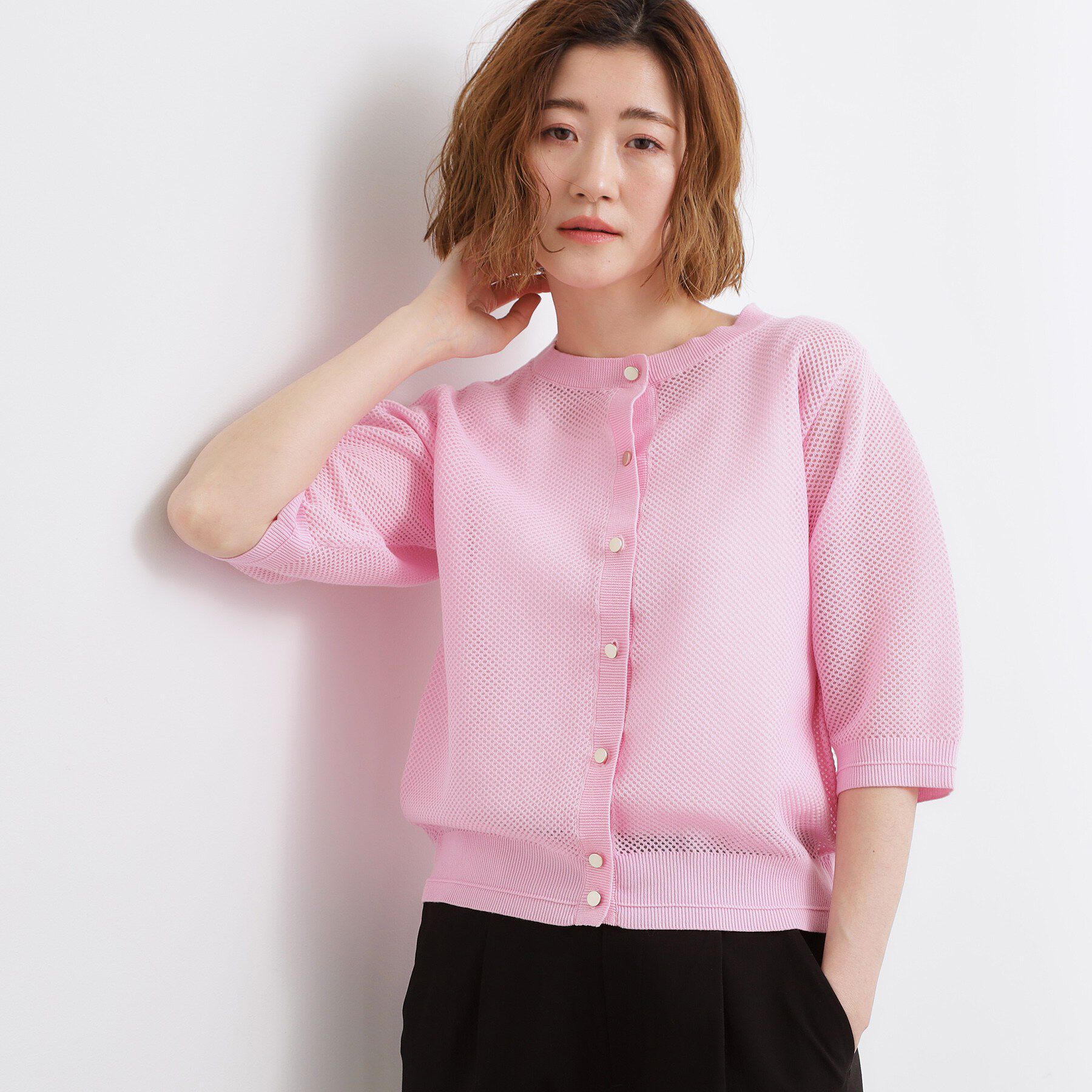 grove「【貴島明日香さん着用・洗える】透けない、大人のメッシュカーディガン」|カーディガン|ピンク(072)