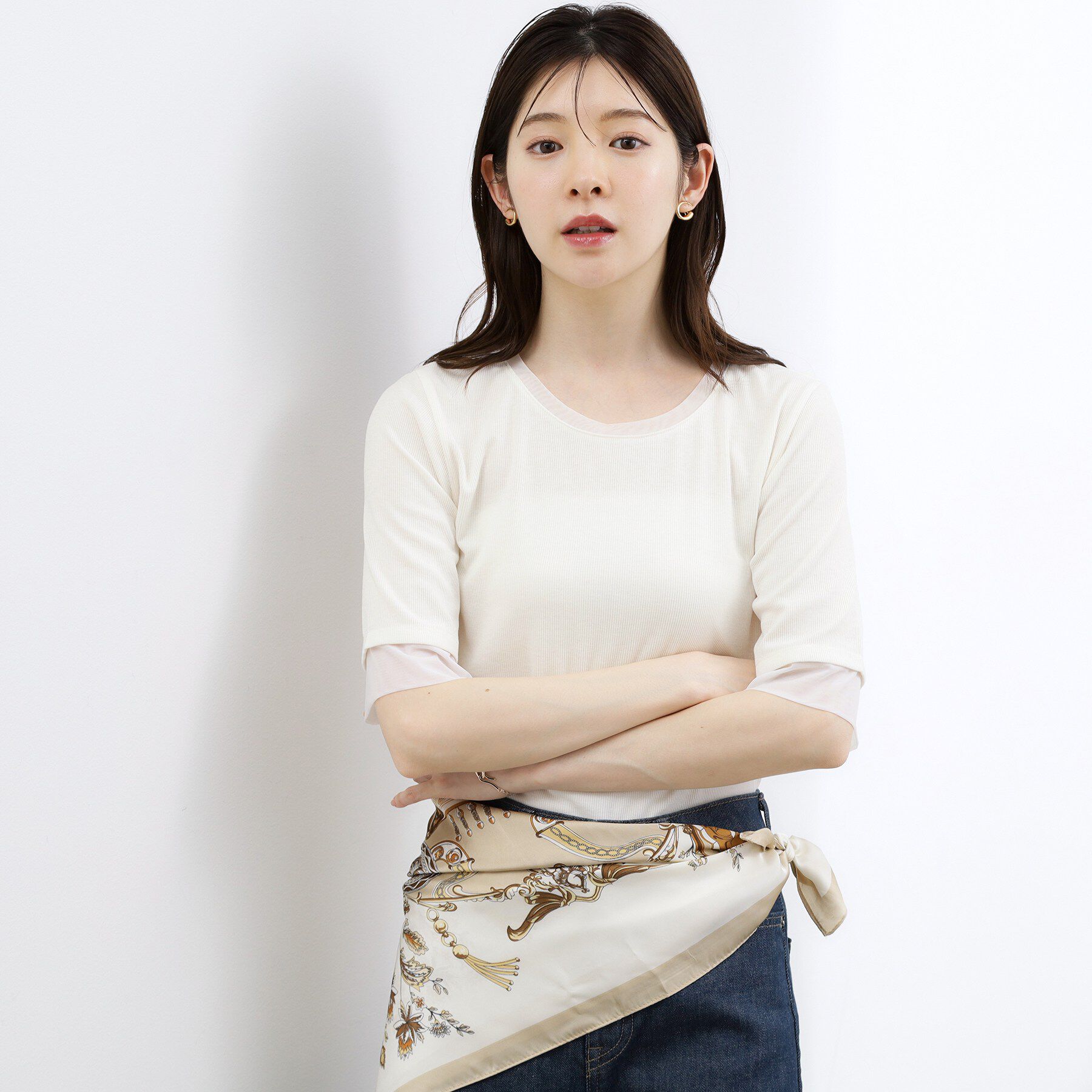 grove「【ひんやり・UVカット】チュールトリミング5分袖Tシャツ」|Tシャツ・カットソー|