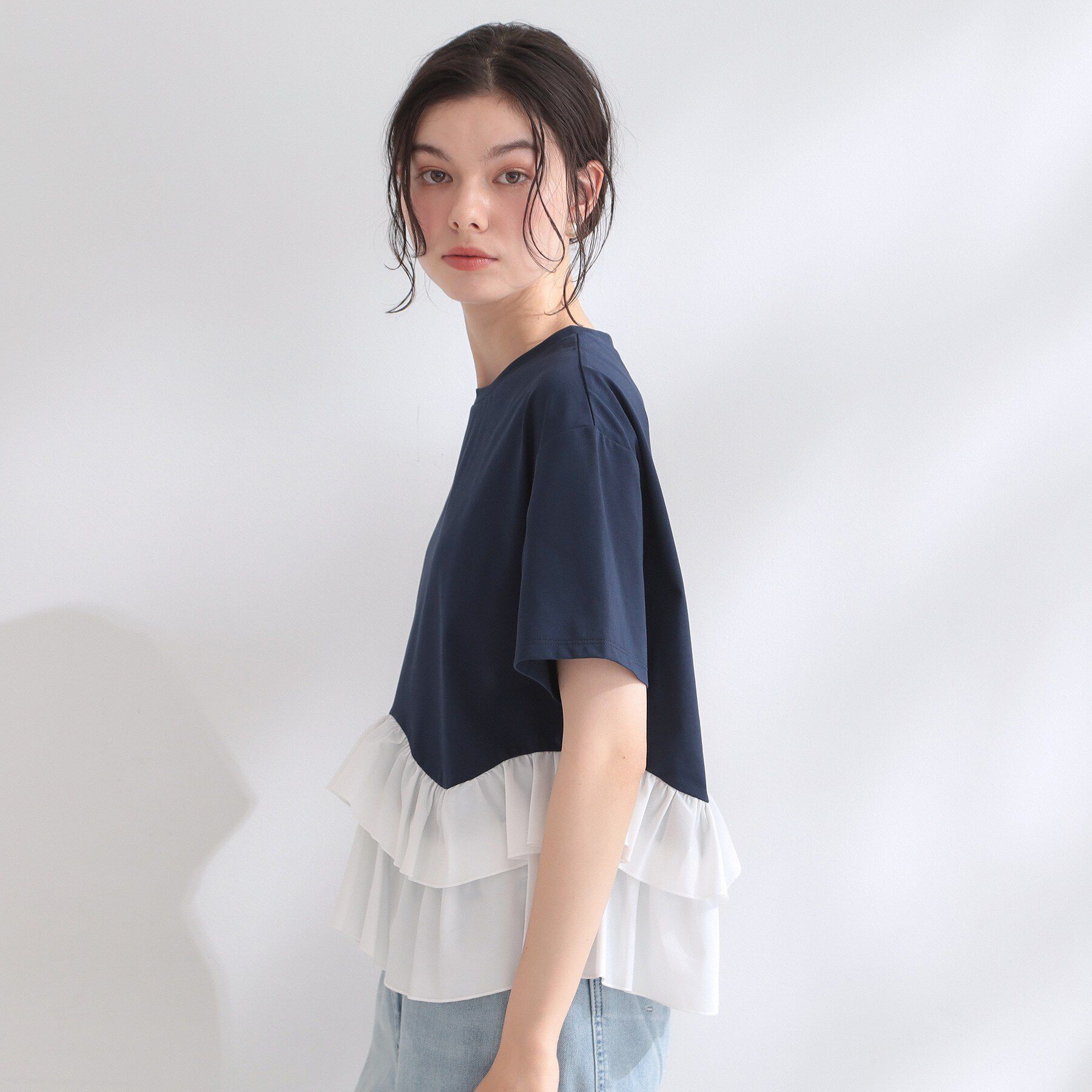 OPAQUE.CLIP「裾フリルドッキングTシャツ【洗濯機OK】」|Tシャツ・カットソー|