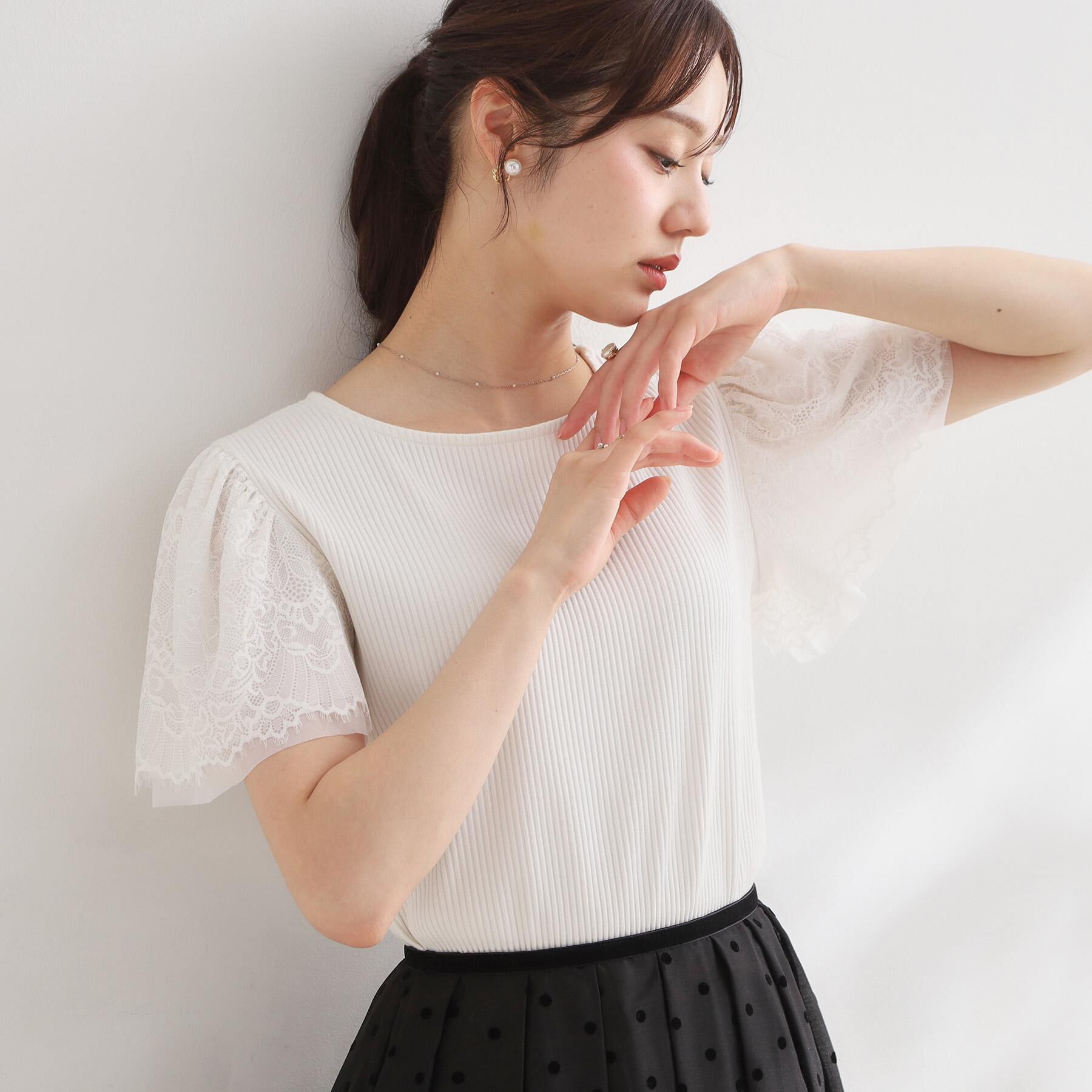 Couture broach「【洗える】袖レース テレコトップス」|Tシャツ・カットソー|