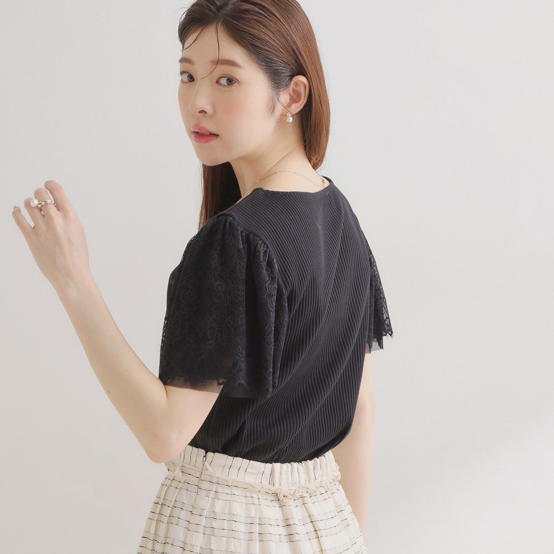 Couture broach「【洗える】袖レース テレコトップス」|Tシャツ・カットソー|
