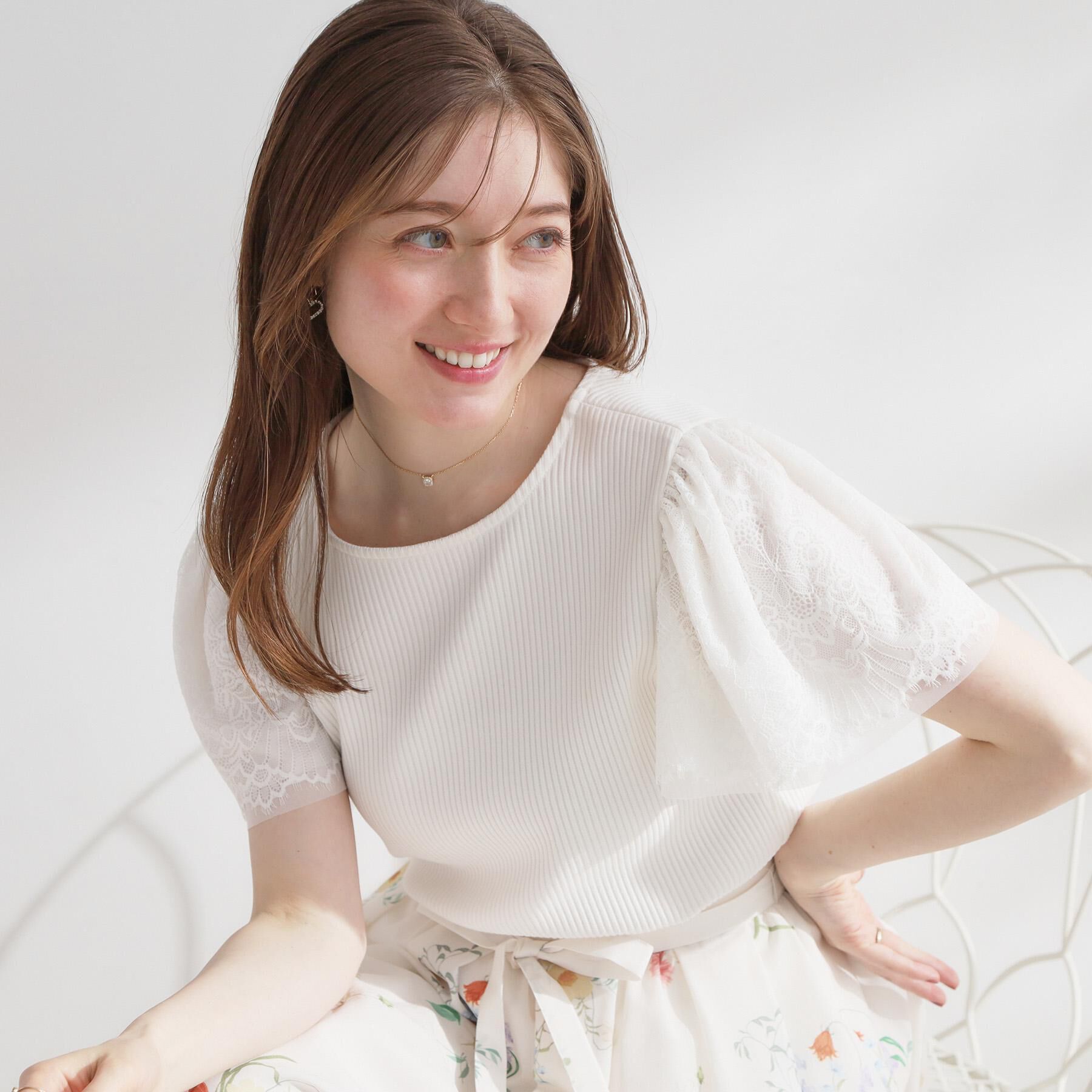 Couture broach「【洗える】袖レース テレコトップス」|Tシャツ・カットソー|