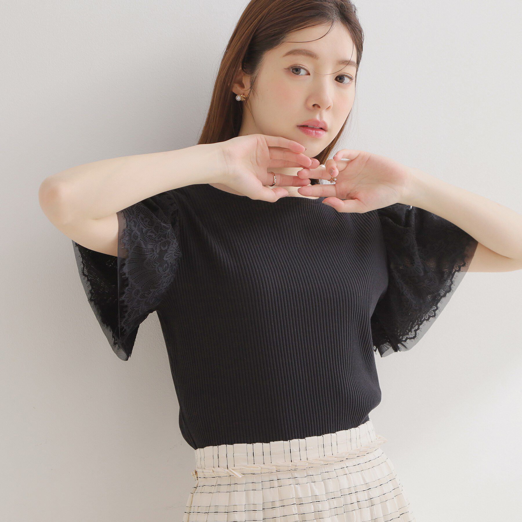 Couture broach「【洗える】袖レース テレコトップス」|Tシャツ・カットソー|ブラック(019)