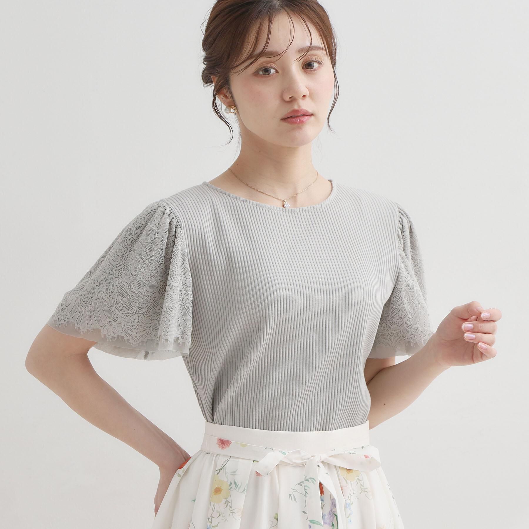 Couture broach「【洗える】袖レース テレコトップス」|Tシャツ・カットソー|ライトグリーン(02