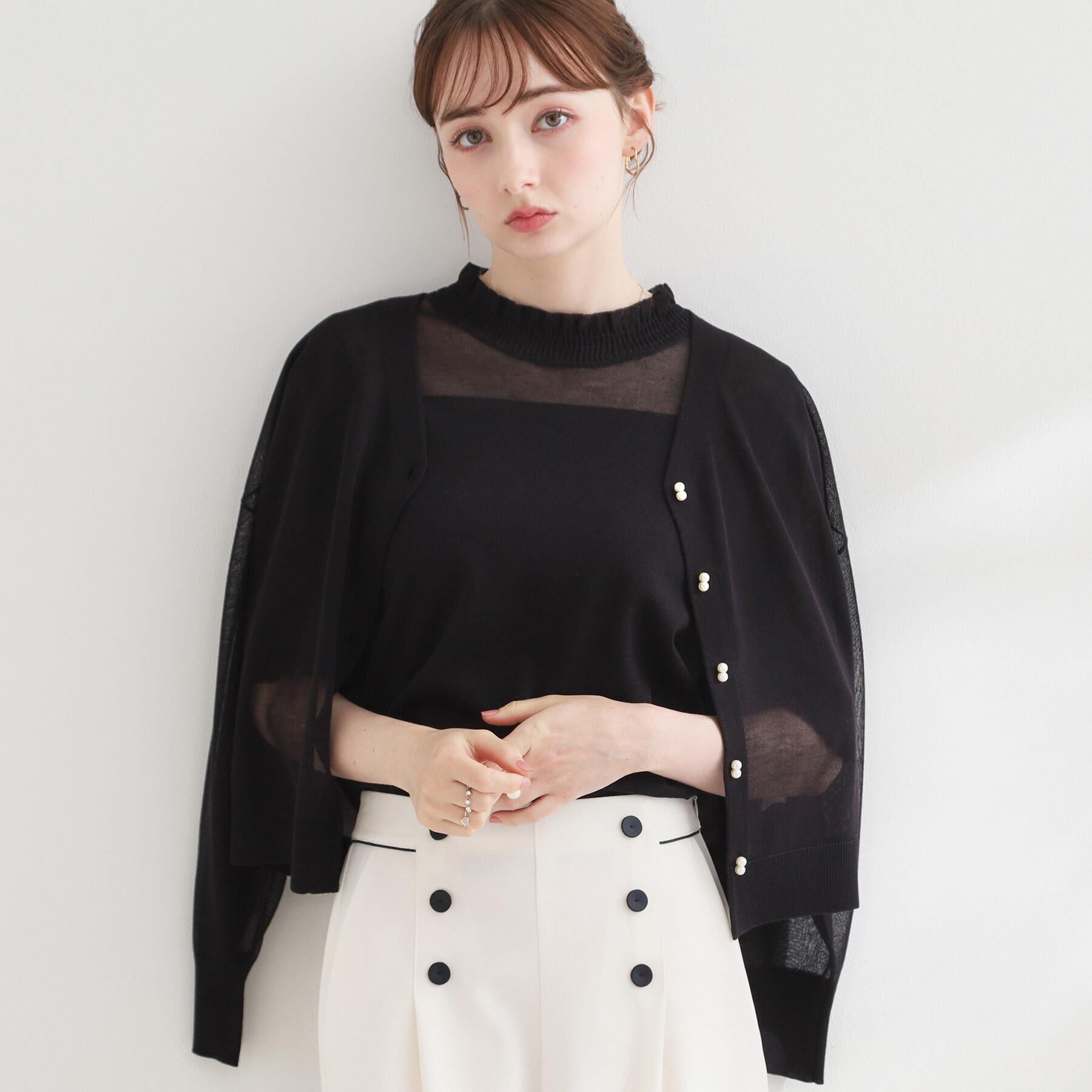 Couture broach「【洗える・パール調釦】愛されシアーカーディガン」|カーディガン|