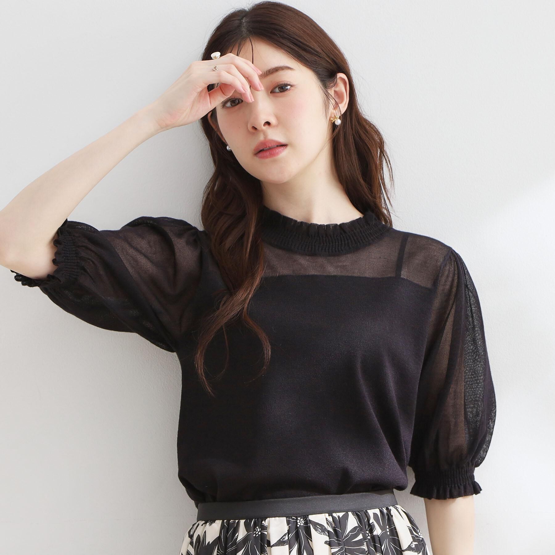 Couture broach「【洗える】LEVITAシャーリング サマーニット」|ニット・セーター|ブラック(019)