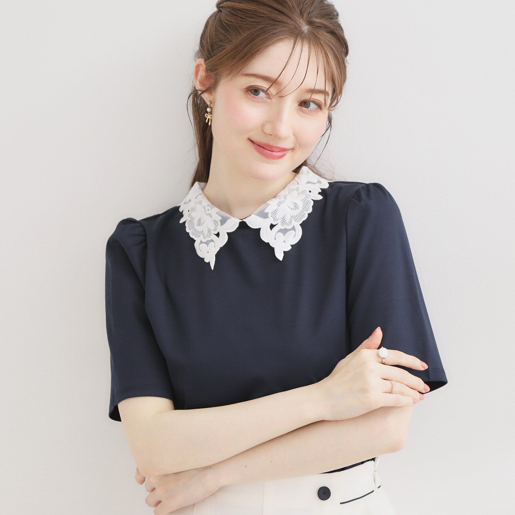 Couture broach「【UVカット・接触冷感・洗える】襟レース トップス」|Tシャツ・カットソー|ネイビー(594)