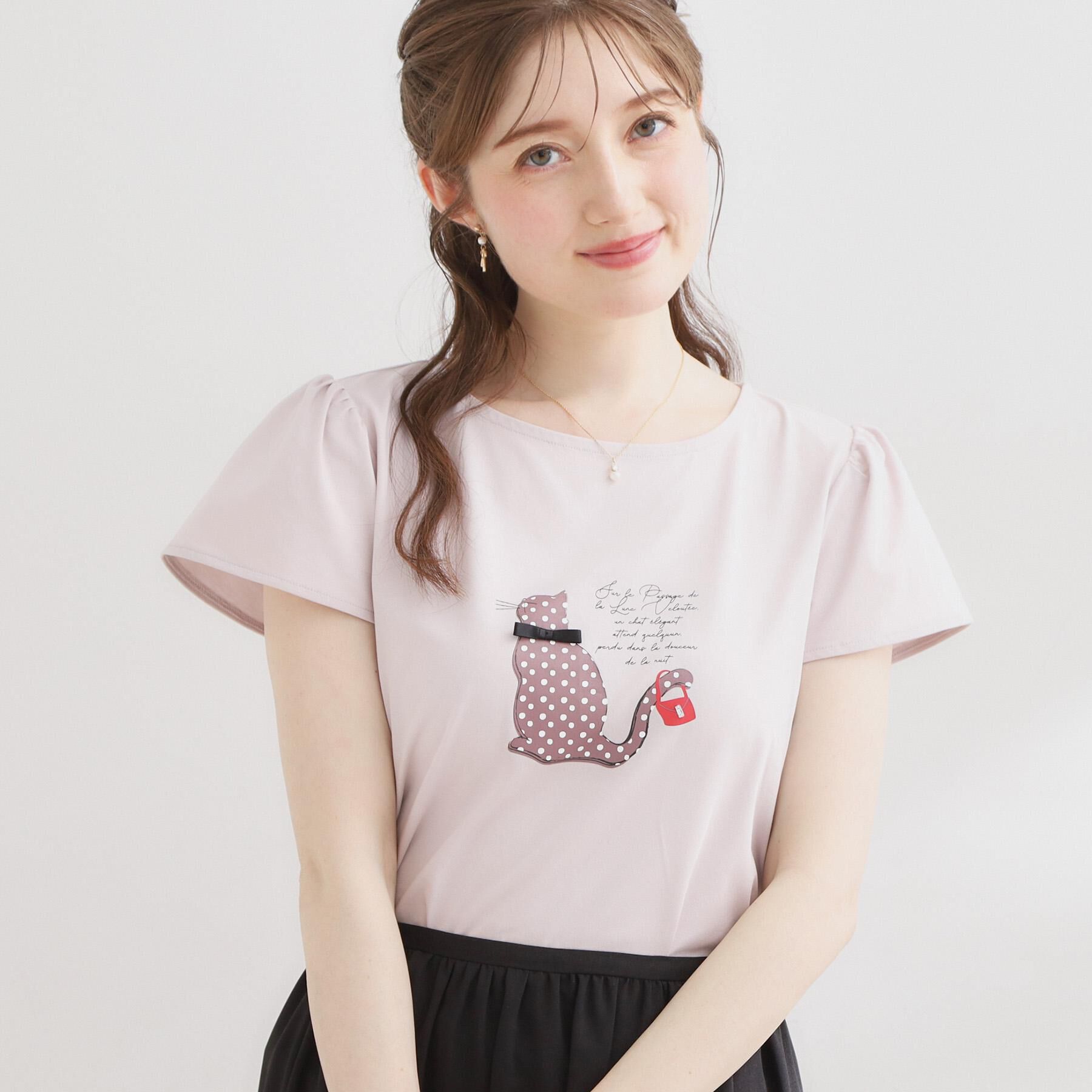 Couture broach「【接触冷感・UVカット・洗える】CATプリントTシャツ」|Tシャツ・カットソー|ライトピンク(170