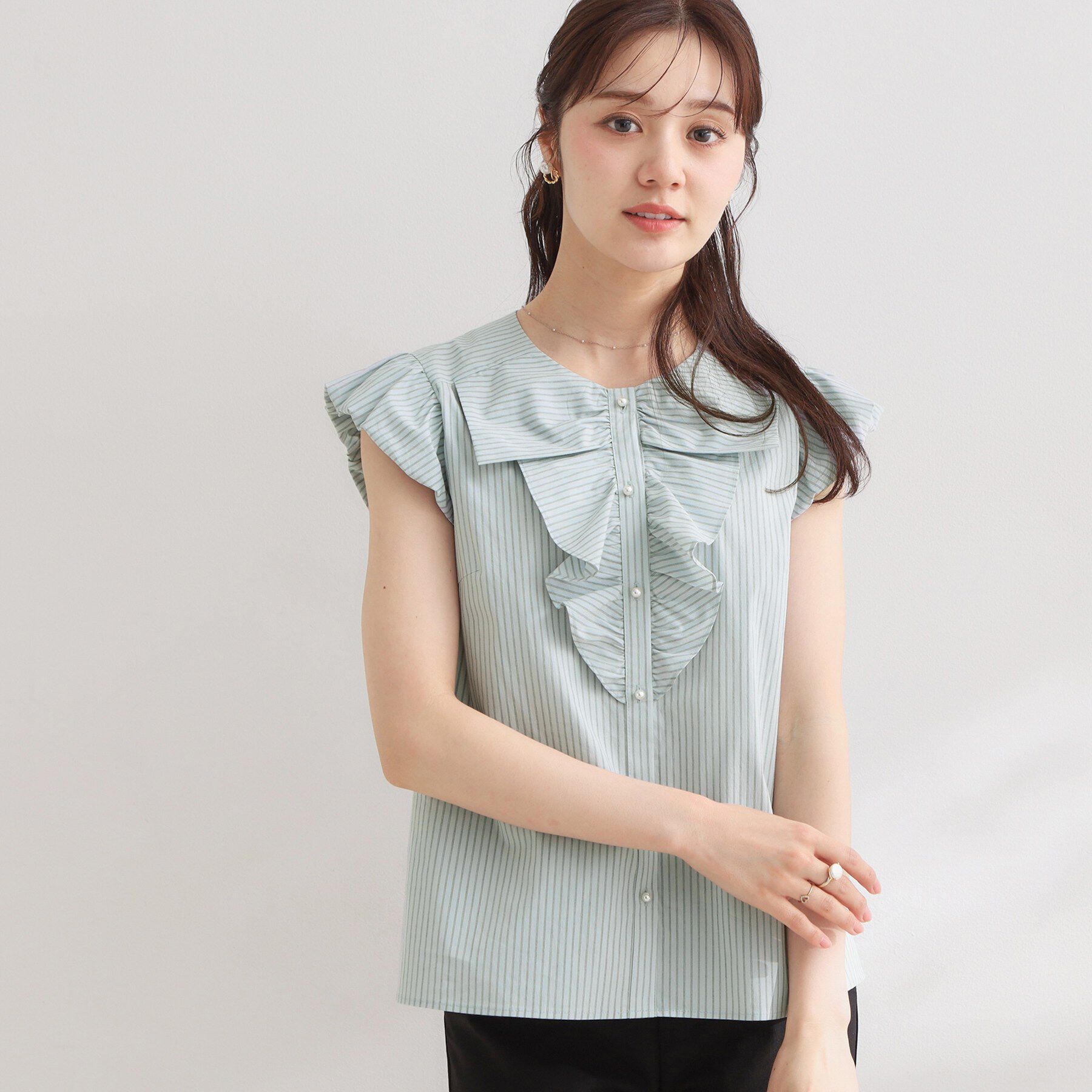 Couture broach「【洗える】リボン調フリル ストライプ ブラウス」|シャツ・ブラウス|