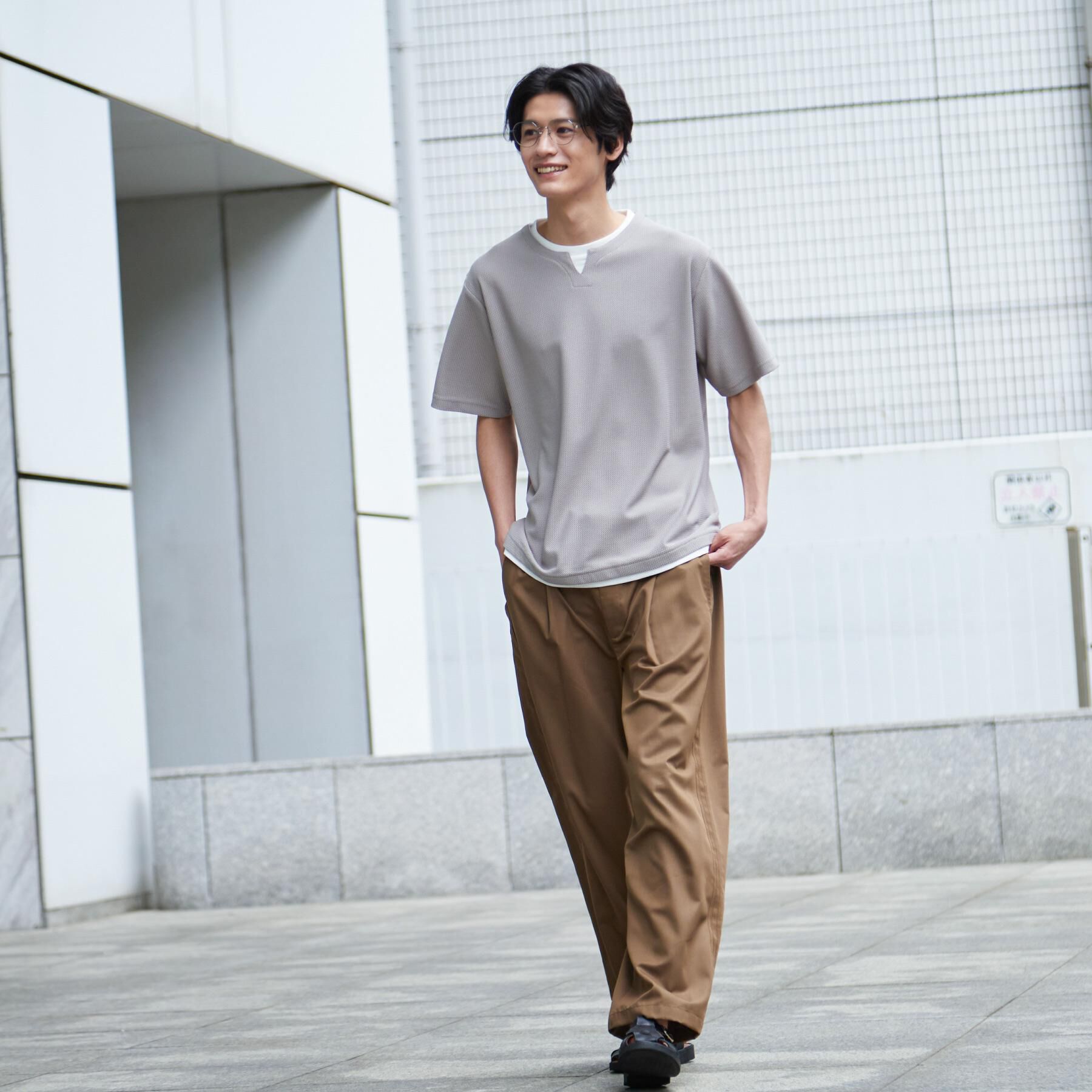 THE SHOP TK「【一枚でコーディネートが完成！】レイヤード風 キーネック 半袖Tシャツ 洗濯機OK」|Tシャツ・カットソー|