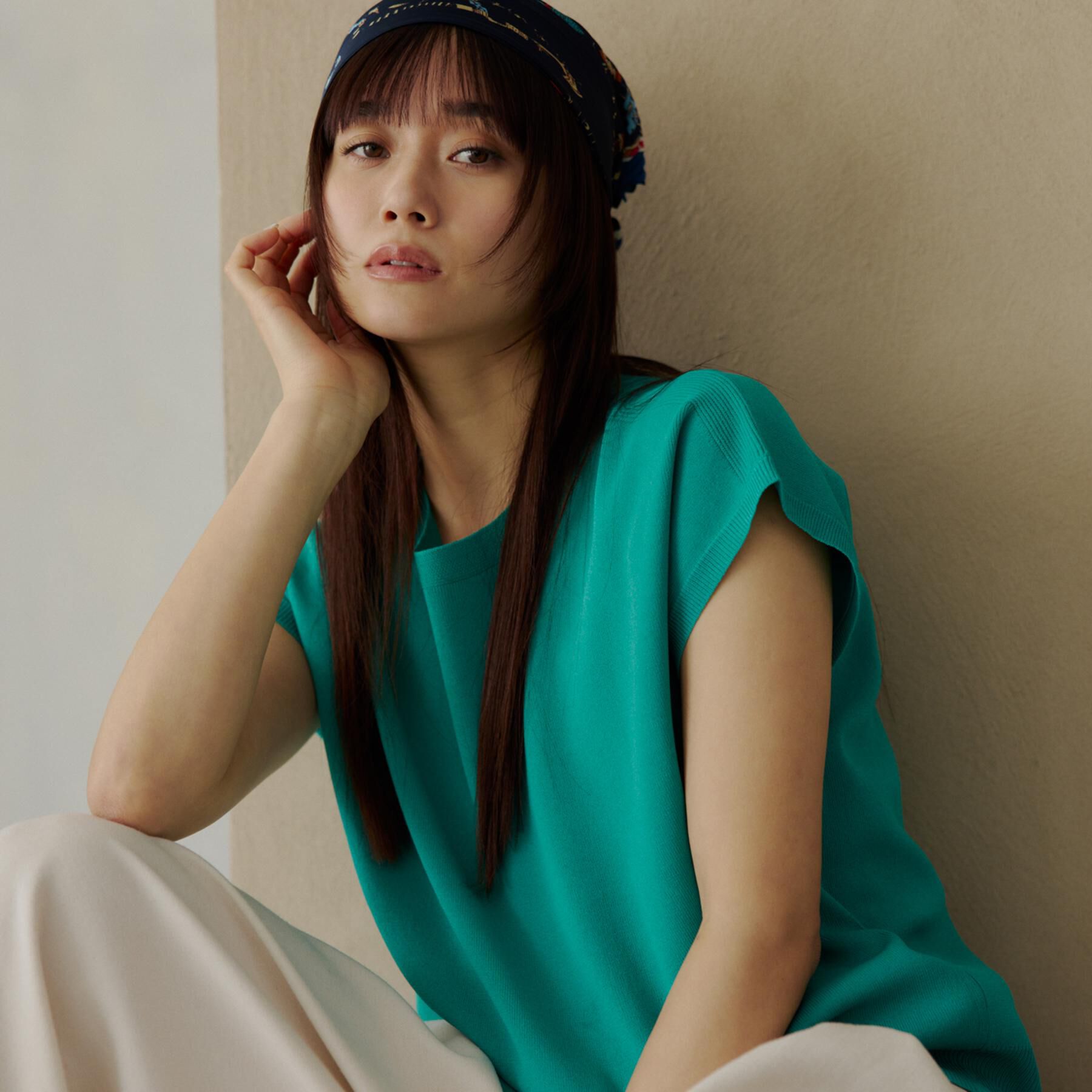THE SHOP TK「【S-XL/ひんやりタッチ】多機能フレンチスリーブニット 洗濯機OK/UVケア/毛玉になりにくい」|ニット・セーター|グリーン(022)