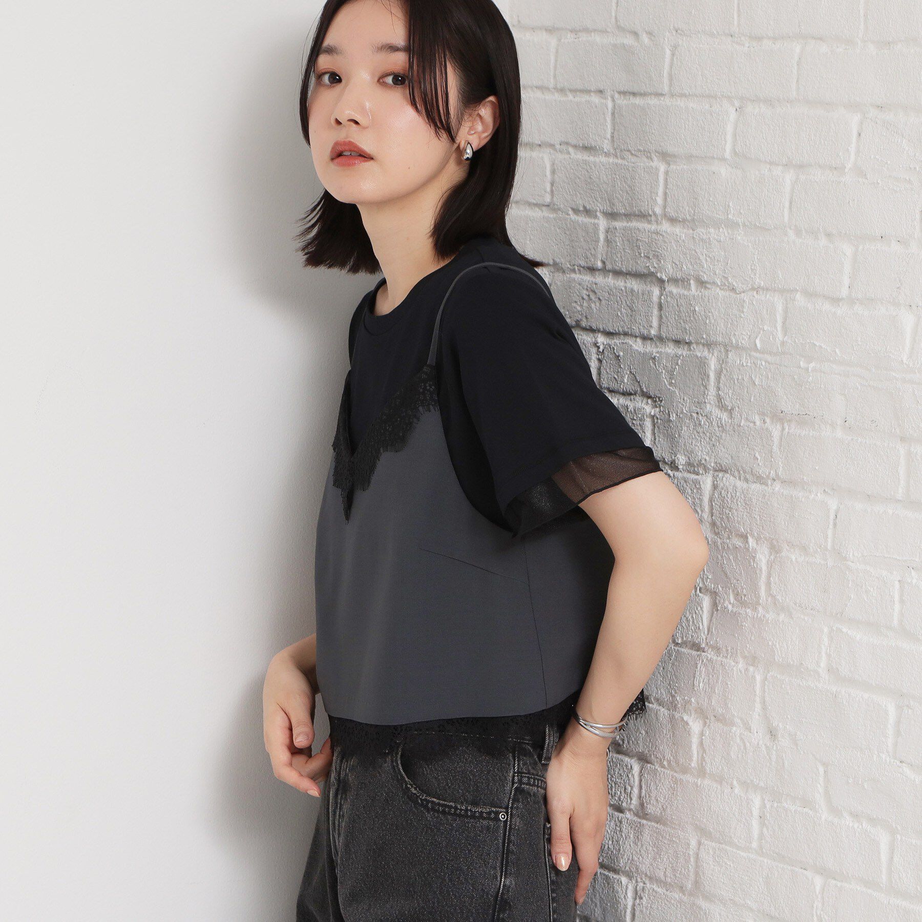 THE SHOP TK「【セットアップ可】麻調 レース切り替えキャミ」|キャミソール|