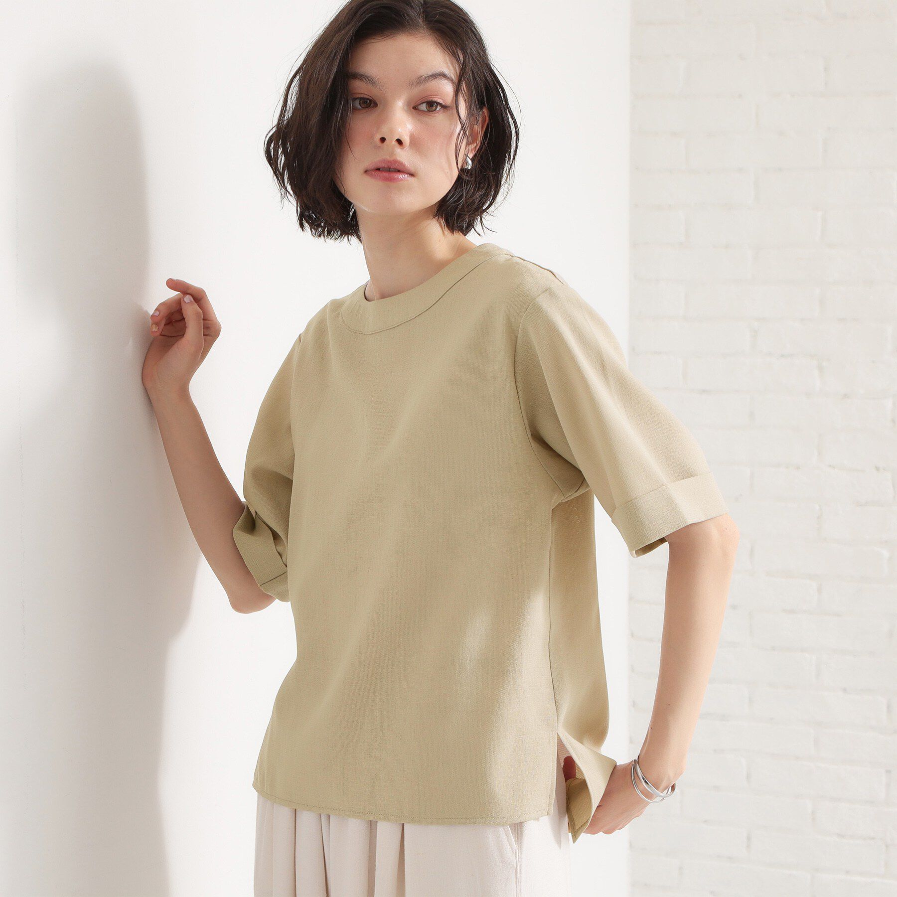 THE SHOP TK「【M-XL/二の腕カバー】さらり麻調メッシュ5分袖ブラウス」|シャツ・ブラウス|