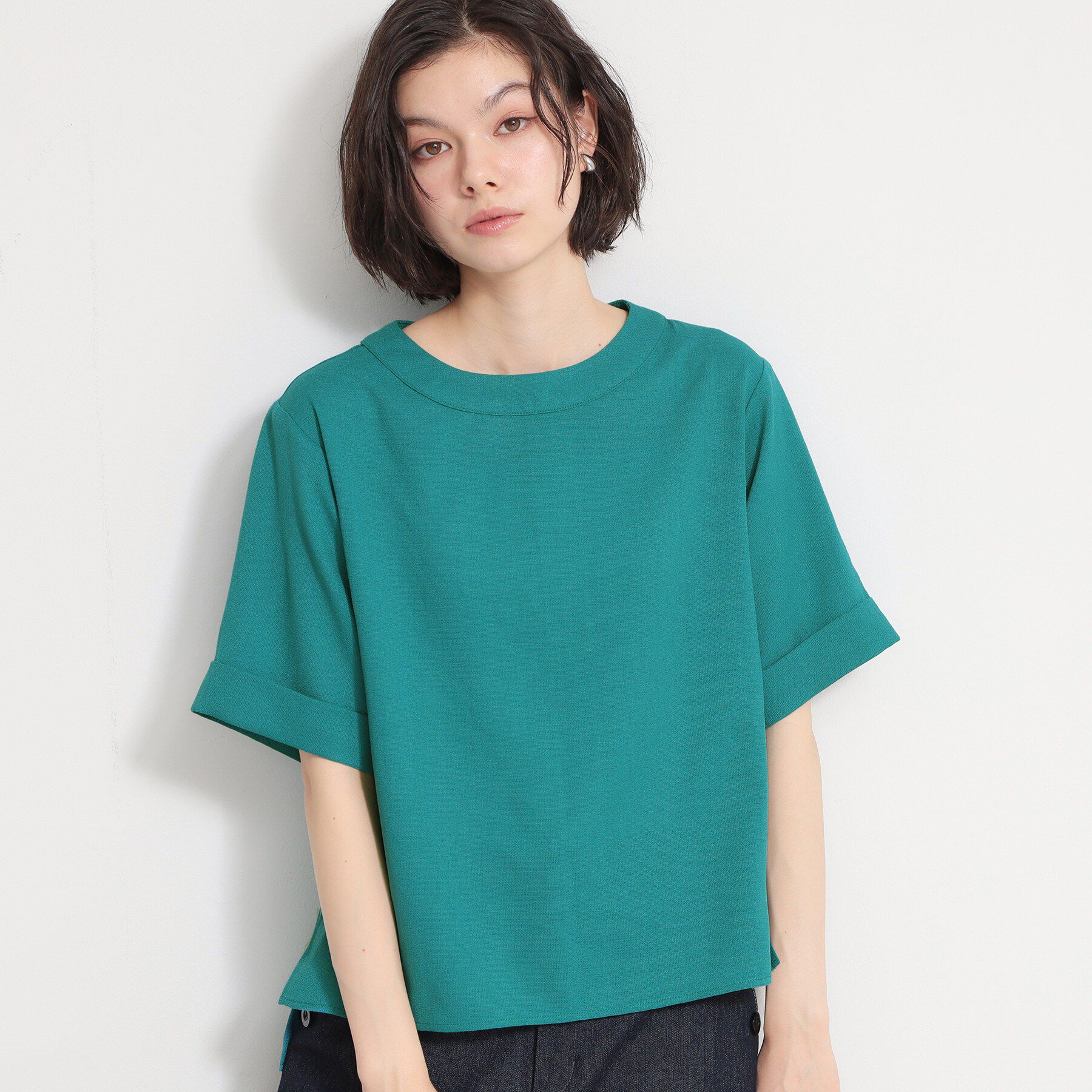 THE SHOP TK「【M-XL/二の腕カバー】さらり麻調メッシュ5分袖ブラウス」|シャツ・ブラウス|