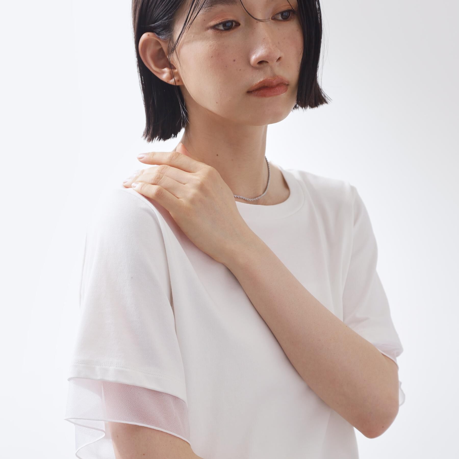THE SHOP TK「【M-XL/ひんやり】上品な透け感 袖口シアーTシャツ」|Tシャツ・カットソー|