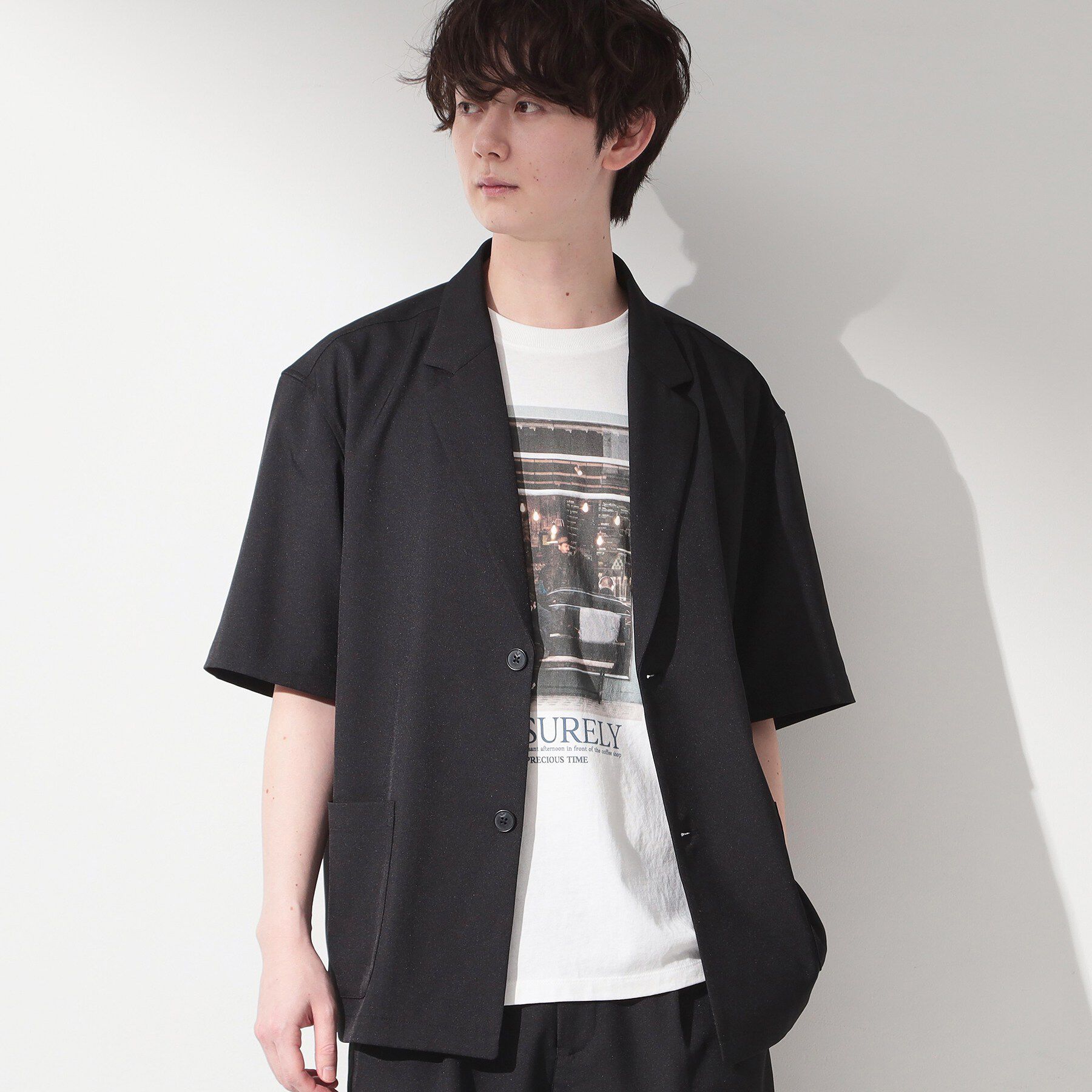 THE SHOP TK「リラックスワイド 5分袖ジャケット セットアップ可／洗濯機OK」|テーラードジャケット|ブラック(019)